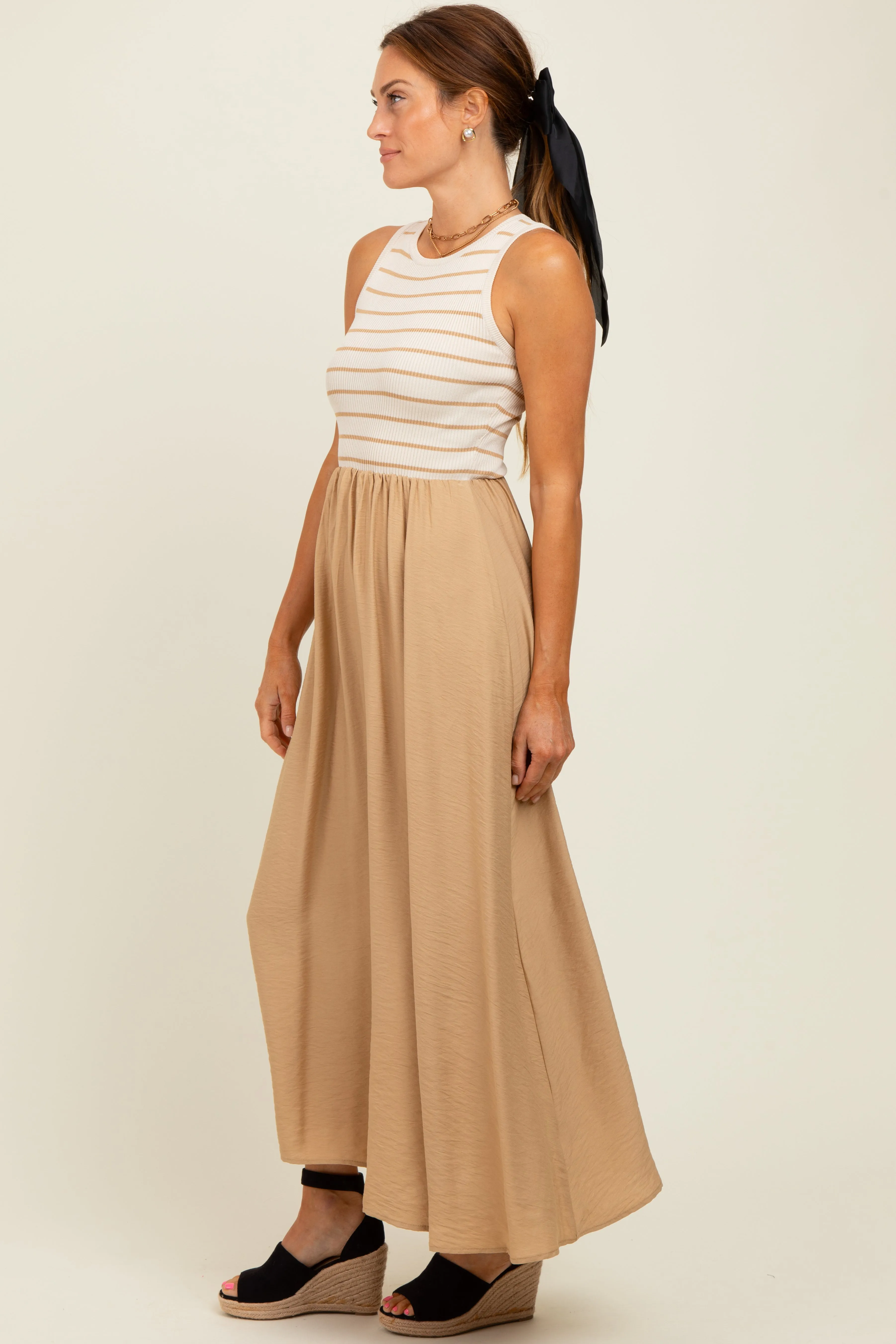 Camel Contrast Striped Knit Sleeveless Midi Dress sold by Pinkblush product image thumbnail 3