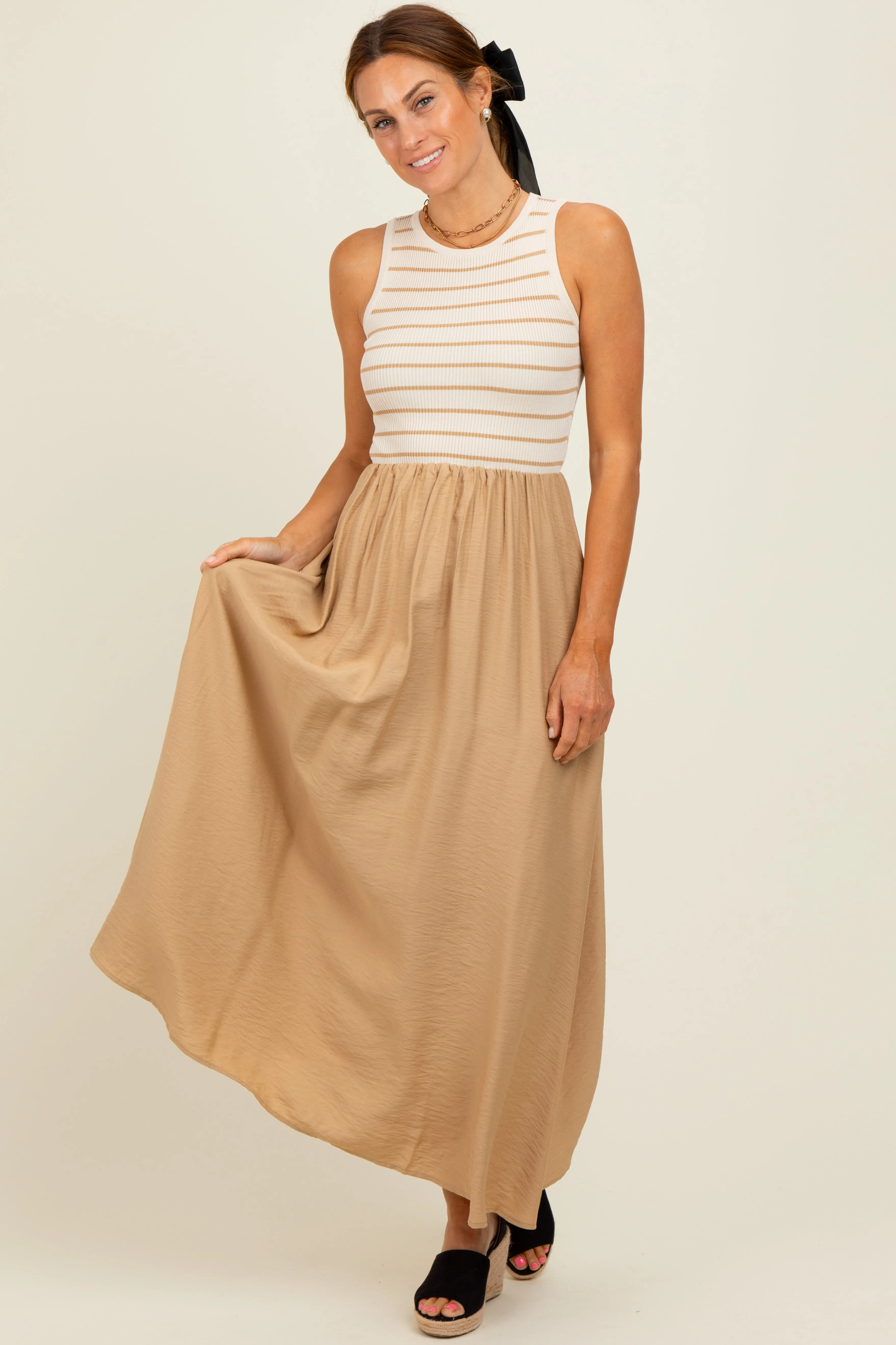 Camel Contrast Striped Knit Sleeveless Midi Dress sold by Pinkblush product image thumbnail 2