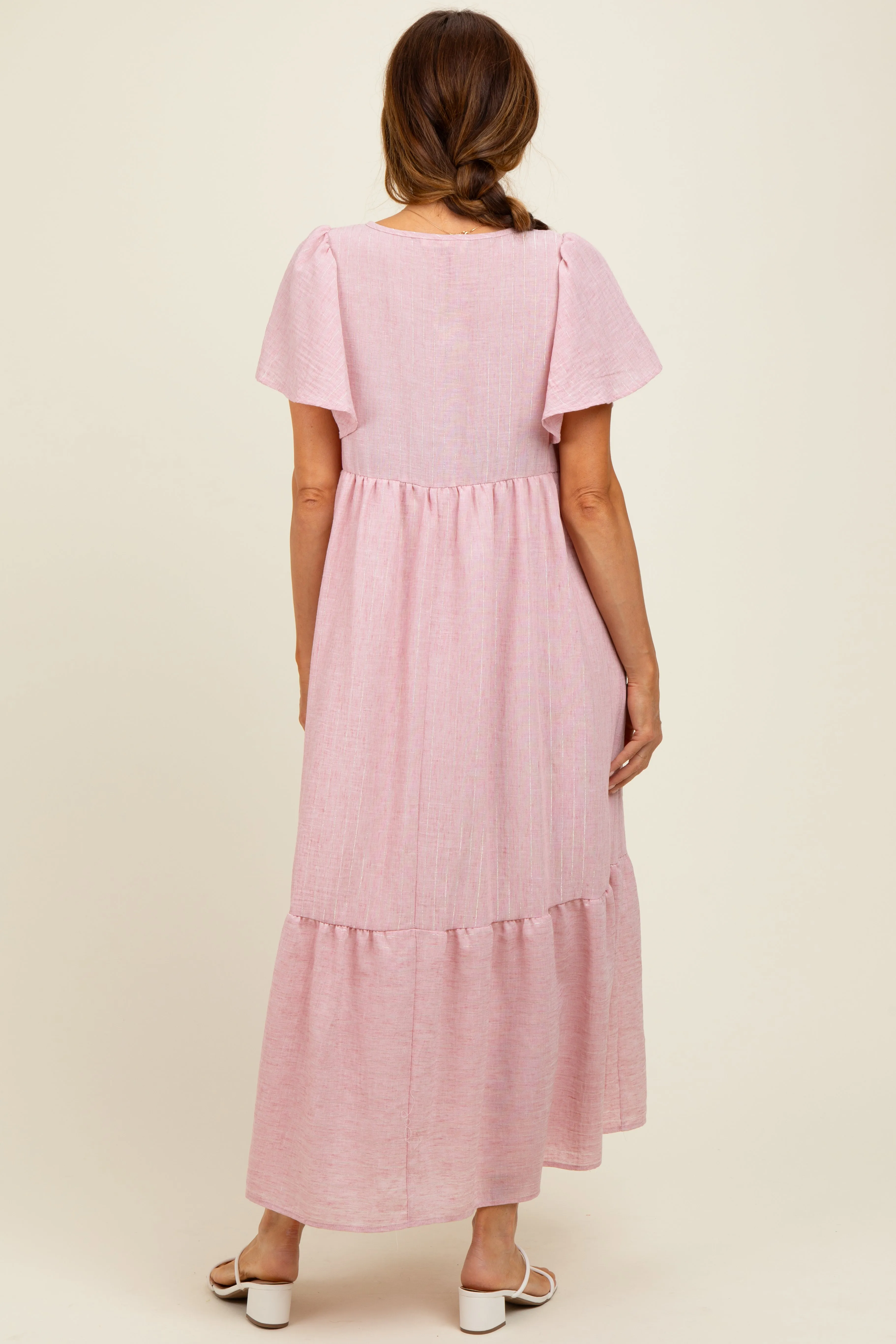 Pink/Silver Striped Short Sleeve V-Neck Tiered Midi Dress sold by Pinkblush product image thumbnail 3