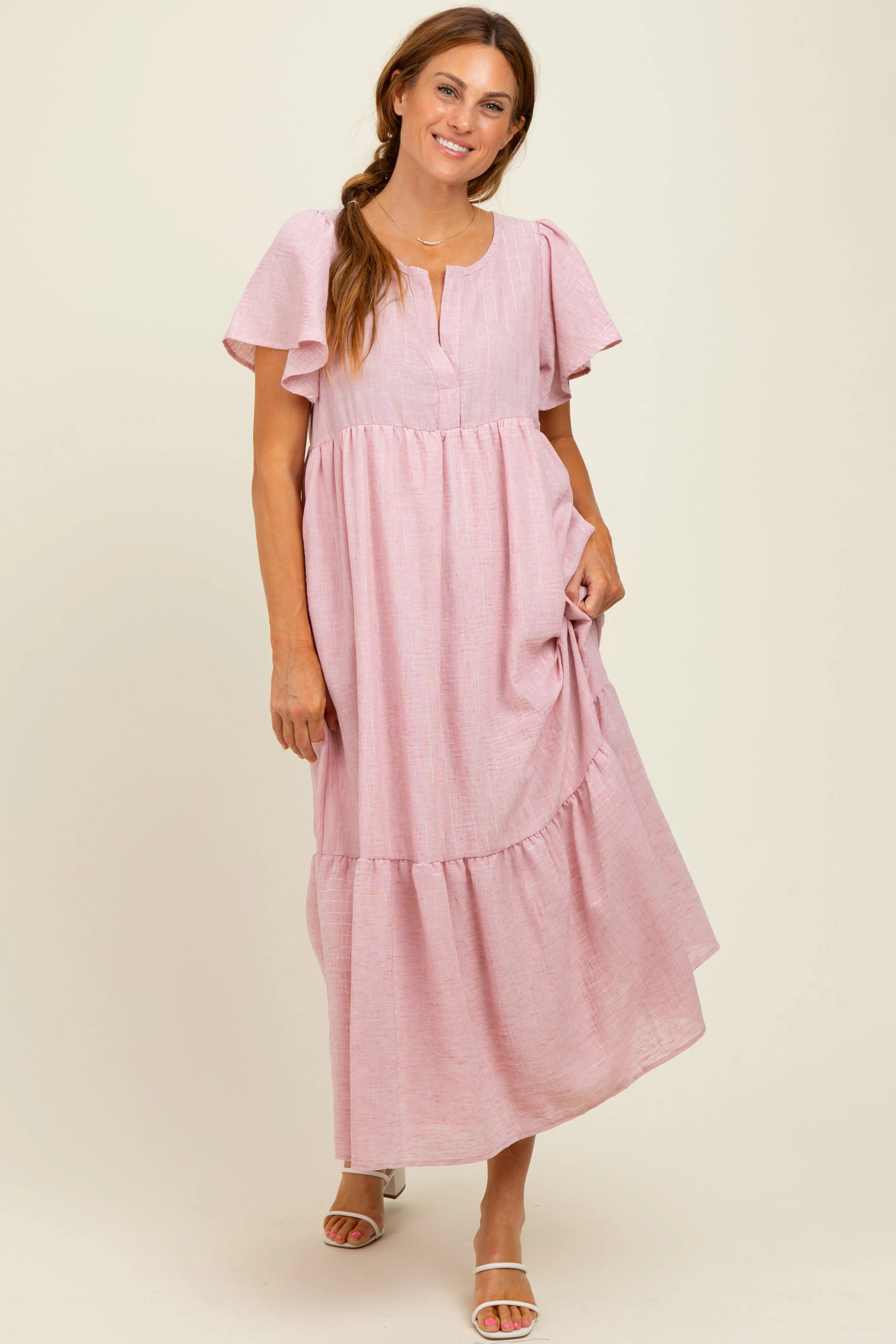 Pink/Silver Striped Short Sleeve V-Neck Tiered Midi Dress sold by Pinkblush