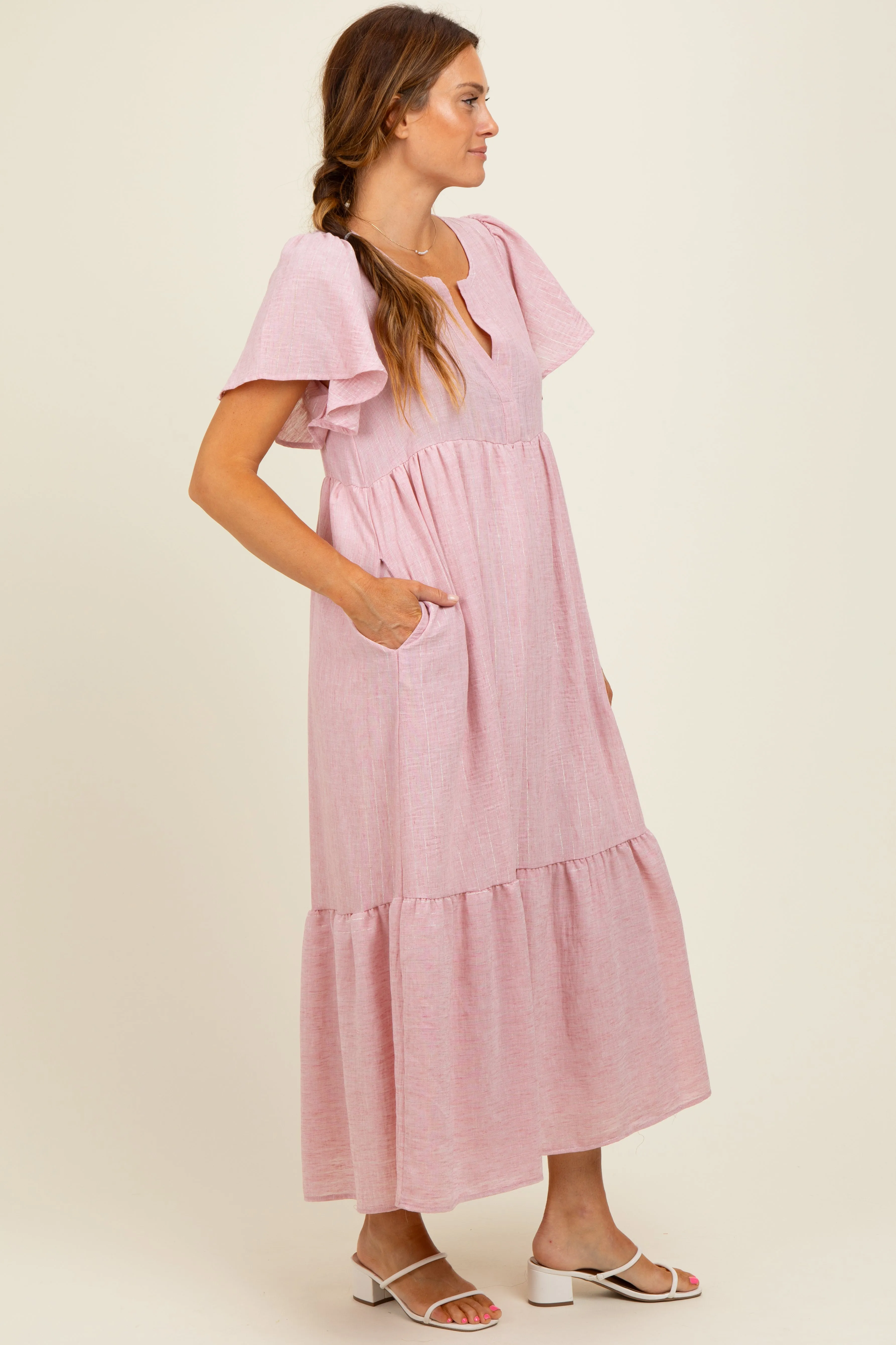 Pink/Silver Striped Short Sleeve V-Neck Tiered Midi Dress sold by Pinkblush product image thumbnail 2