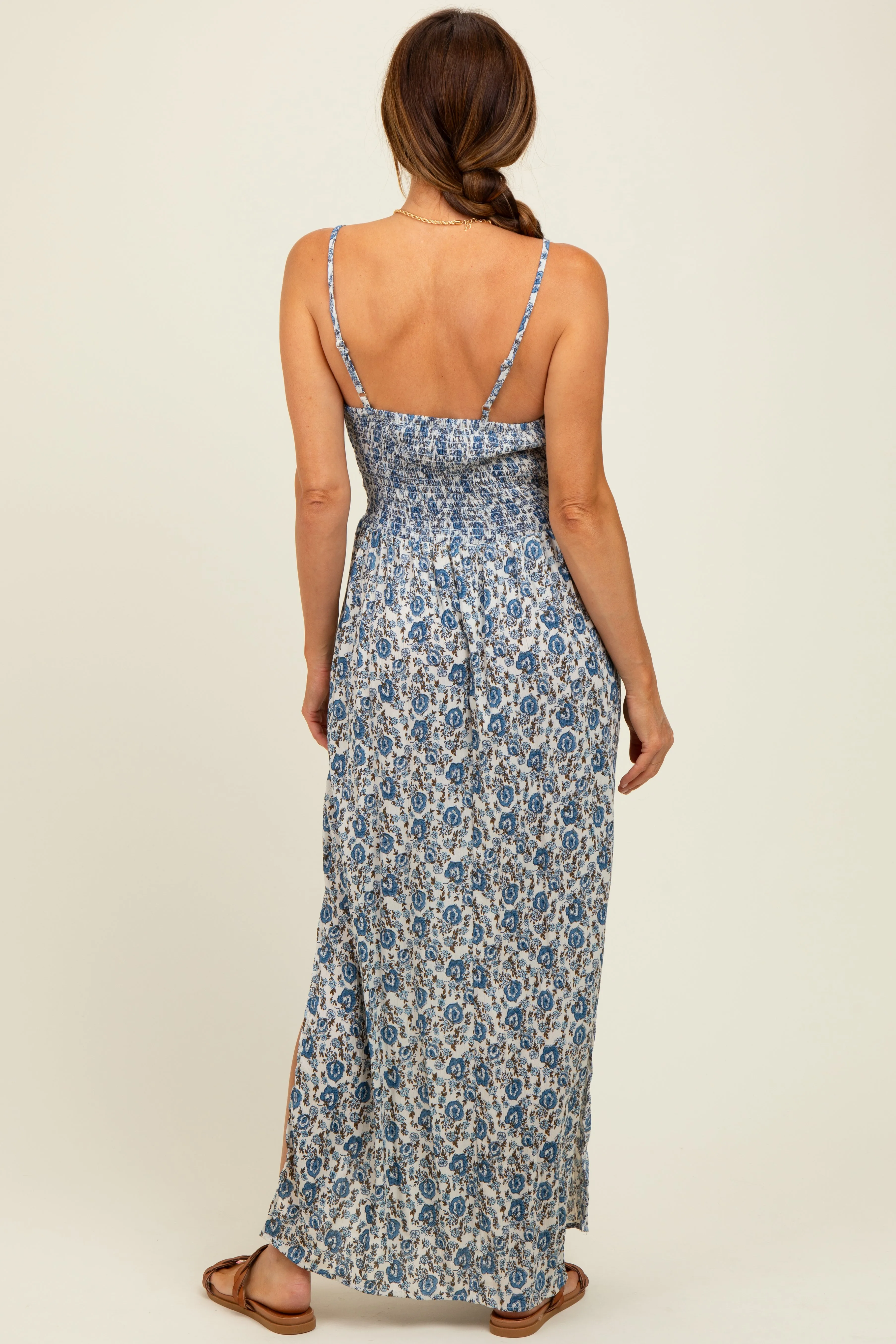 Blue Floral V-Neck Twist Front Keyhole Maxi Dress sold by Pinkblush product image thumbnail 4