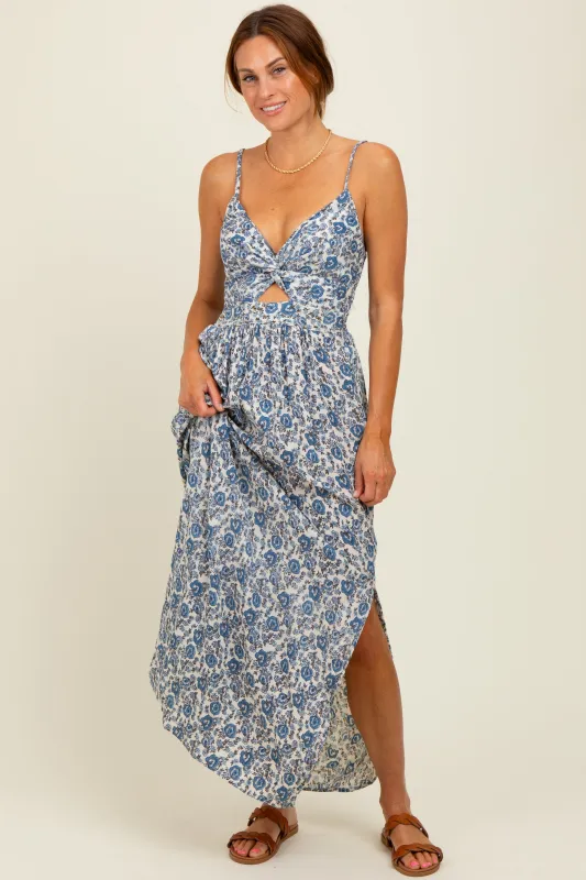 Blue Floral V-Neck Twist Front Keyhole Maxi Dress sold by Pinkblush