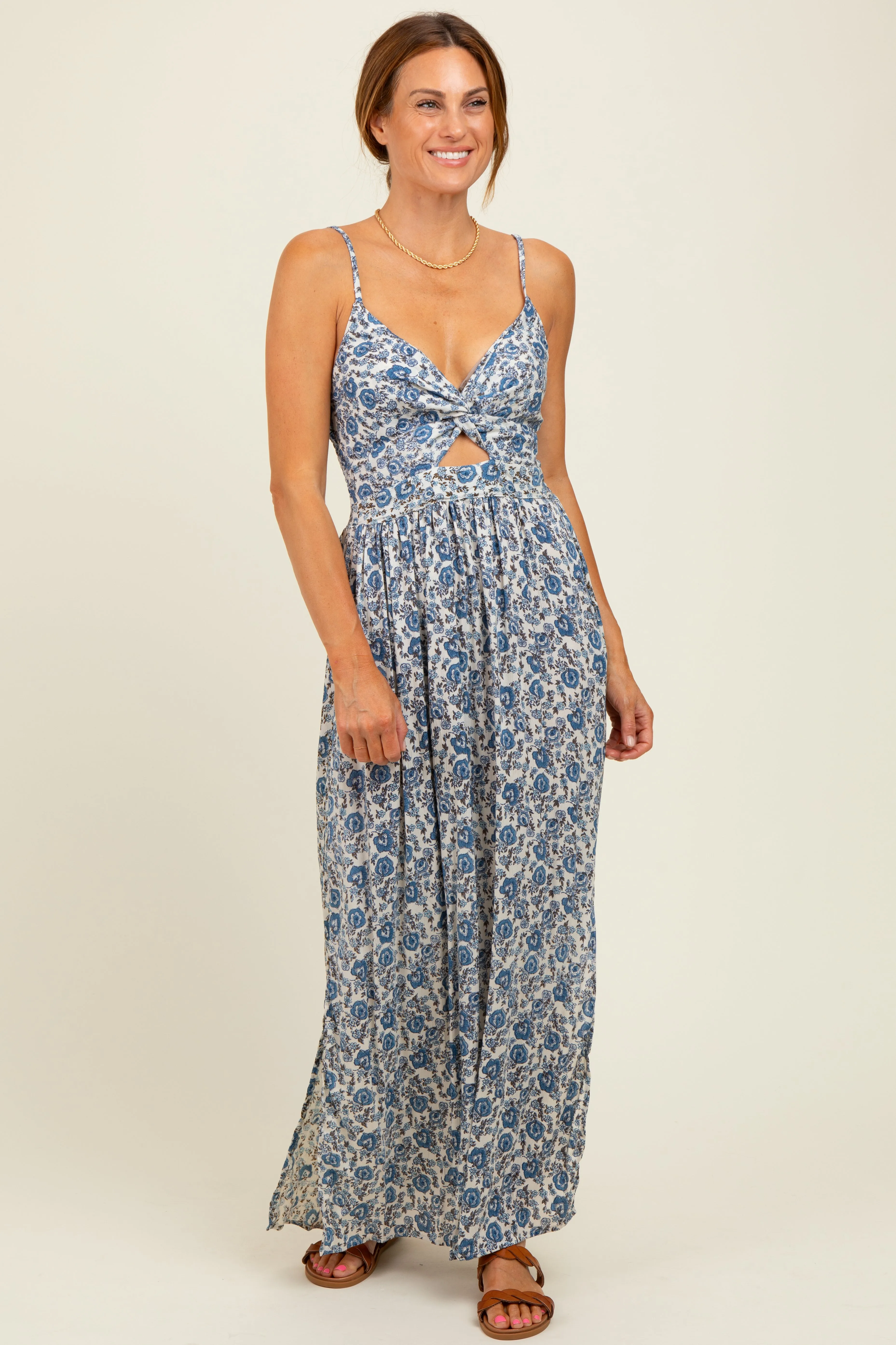 Blue Floral V-Neck Twist Front Keyhole Maxi Dress sold by Pinkblush product image thumbnail 2