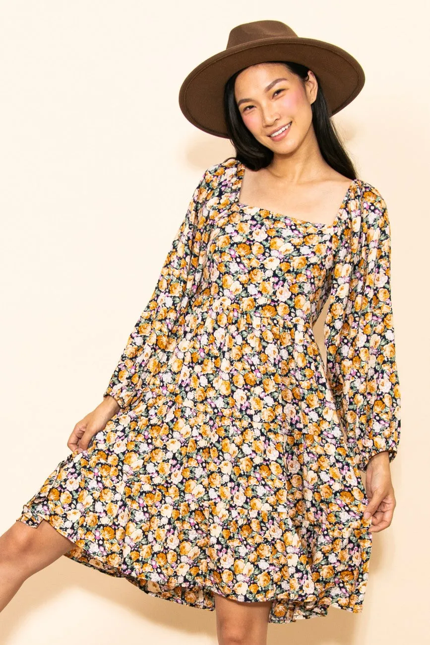 Yellow Rose Print Long Sleeve Dress sold by Pinkblush
