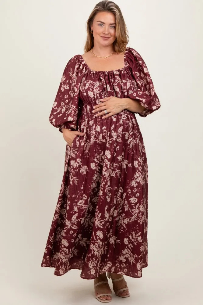 Burgundy Floral Textured Maternity Plus Midi Dress sold by Pinkblush
