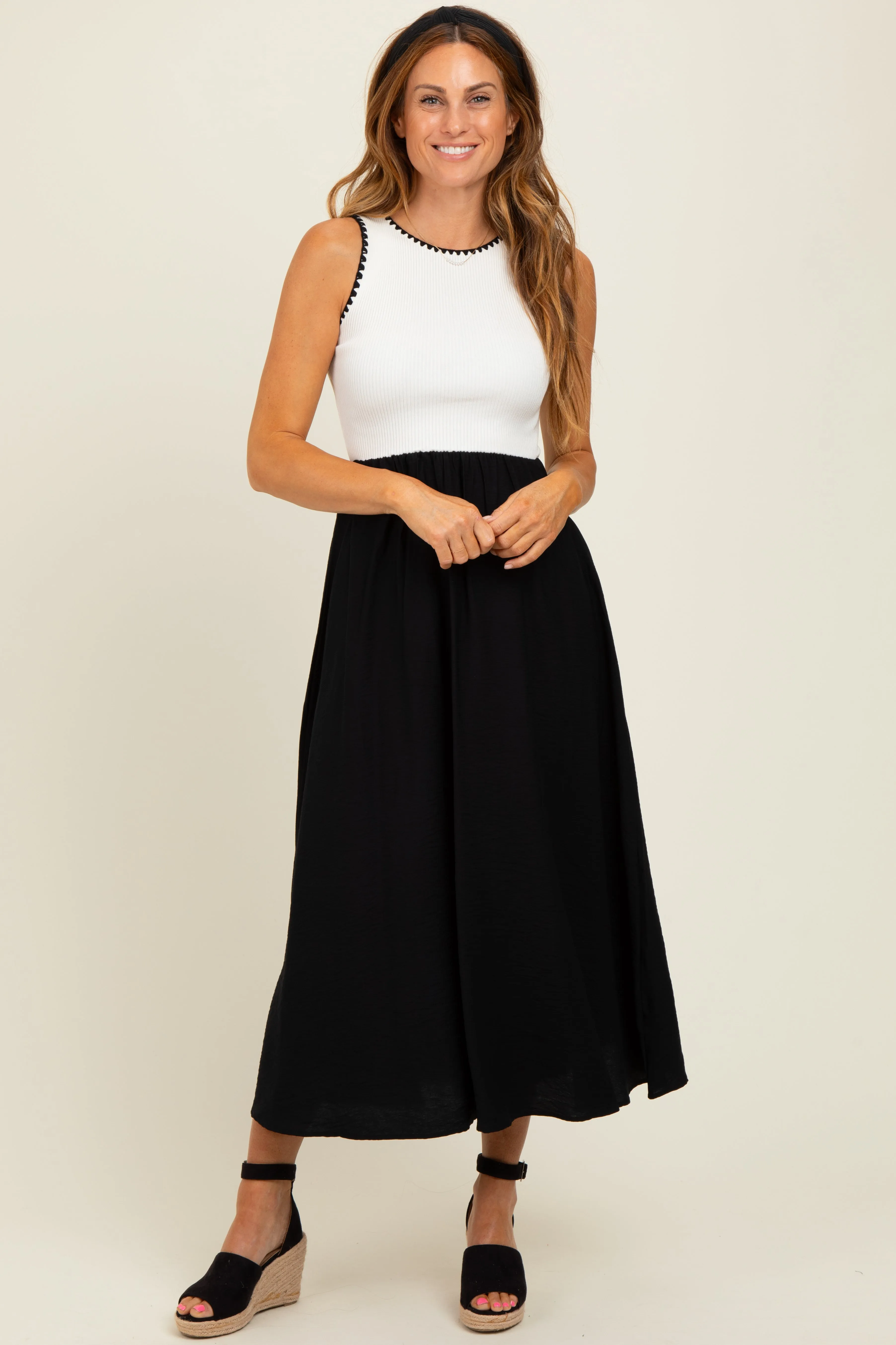 Black Contrast Knit Top Sleeveless Midi Dress sold by Pinkblush