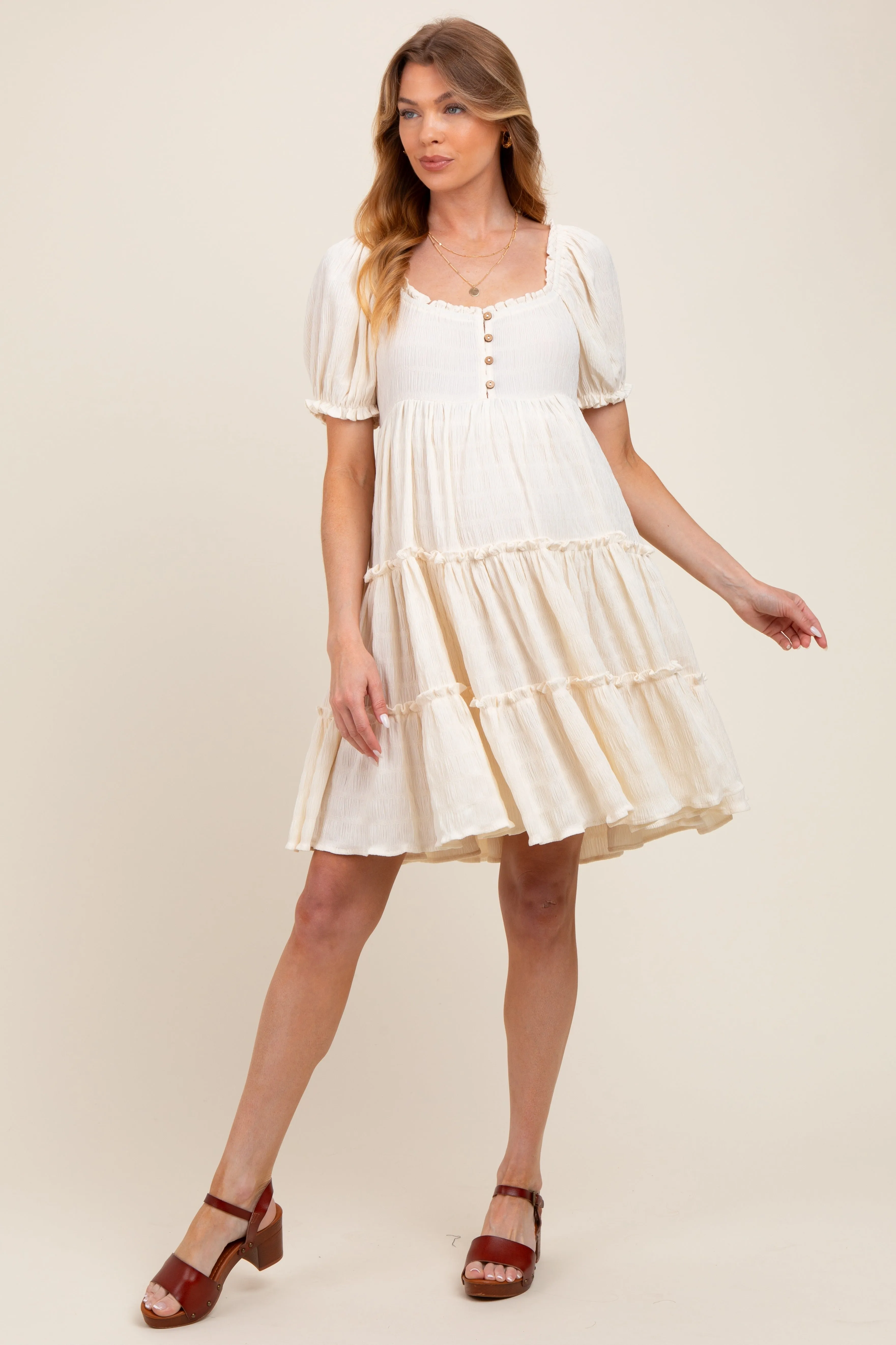 Cream Button Up Ruffle Tiered Maternity Dress sold by Pinkblush