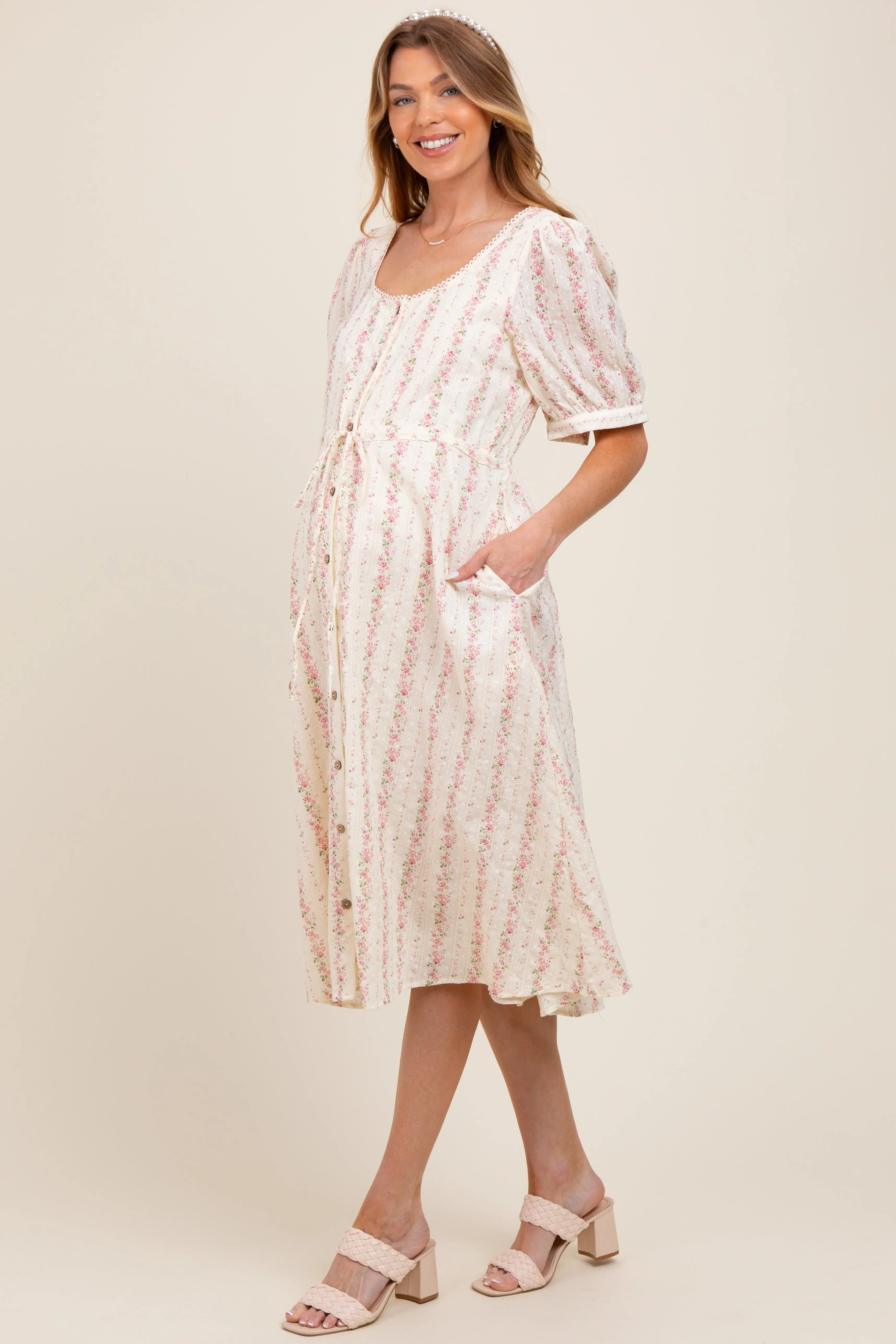 Light Pink Swiss Dot Floral Print Button Down Maternity Midi Dress sold by Pinkblush product image thumbnail 2