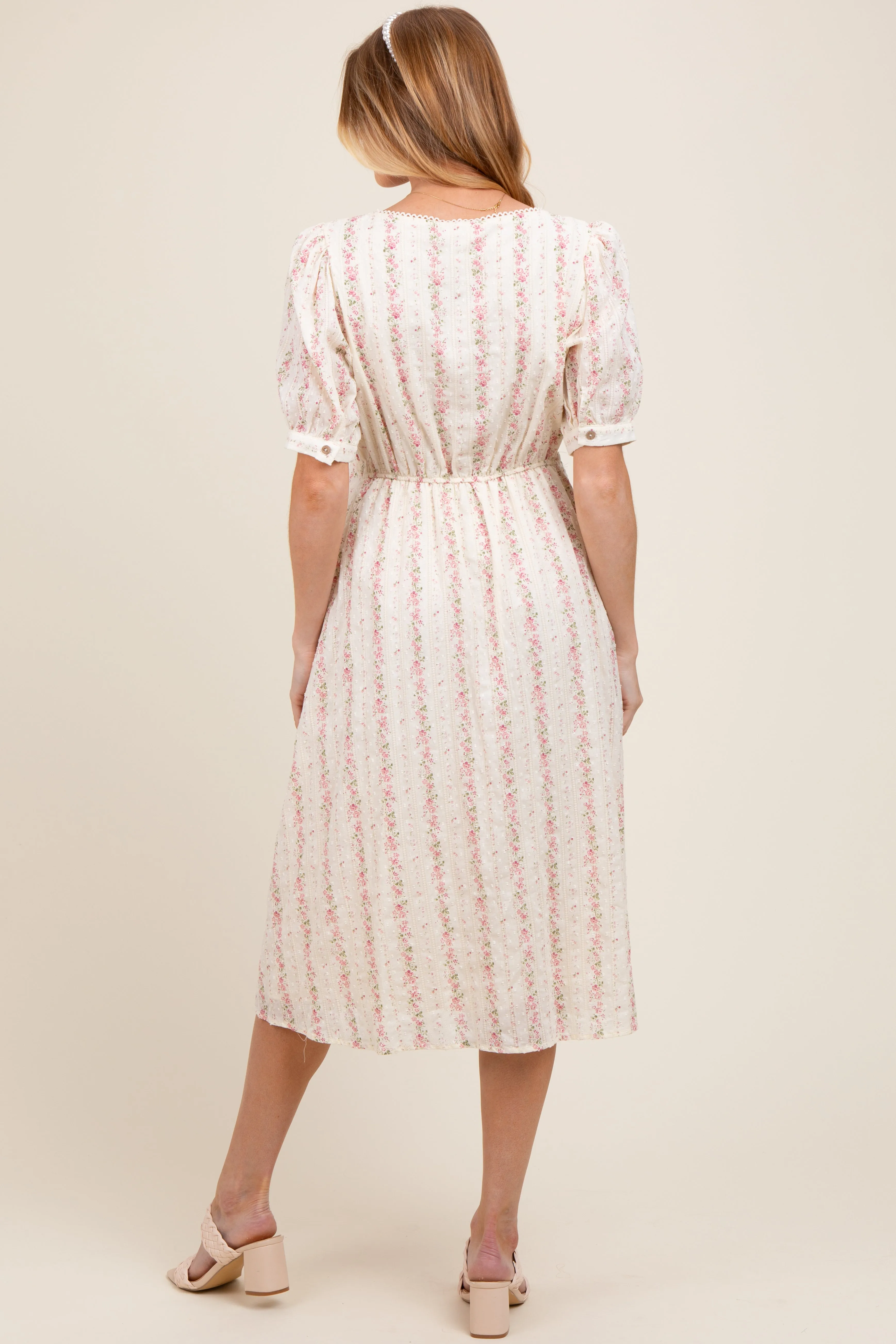 Light Pink Swiss Dot Floral Print Button Down Maternity Midi Dress sold by Pinkblush product image thumbnail 3