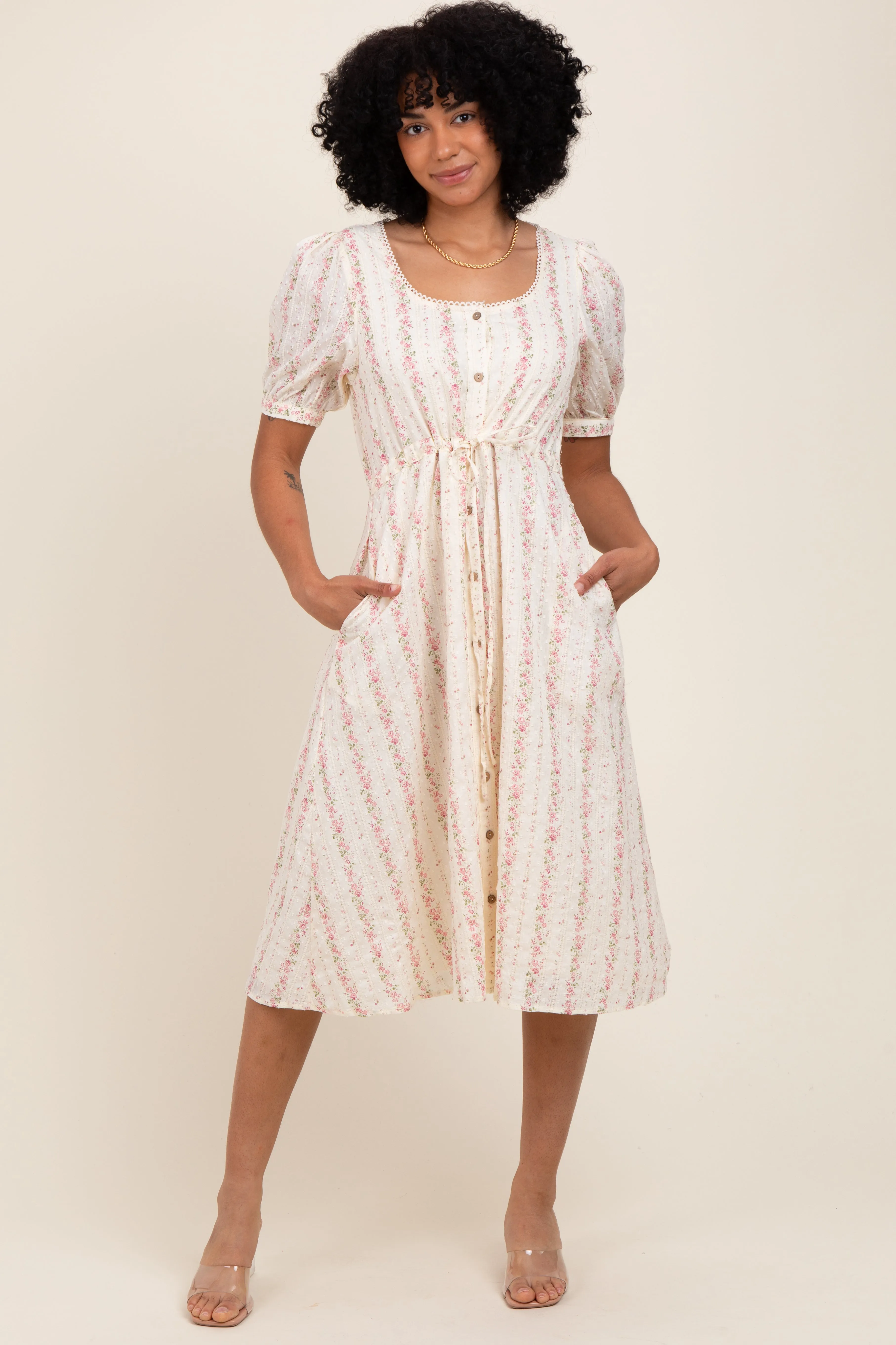 Light Pink Swiss Dot Floral Print Button Down Maternity Midi Dress sold by Pinkblush product image thumbnail 4