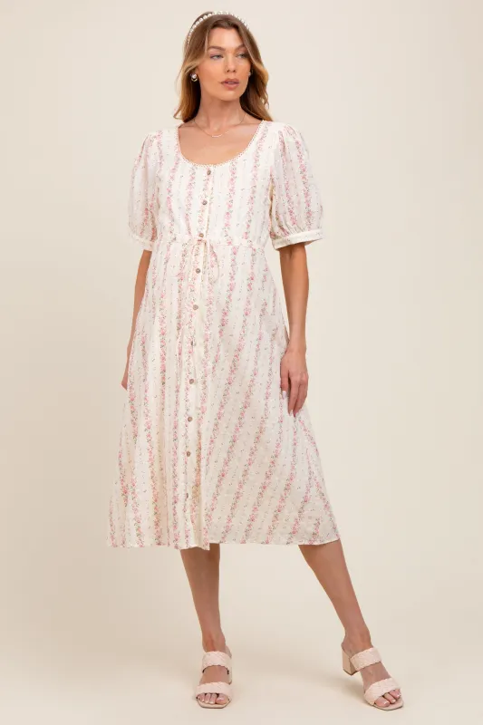 Light Pink Swiss Dot Floral Print Button Down Maternity Midi Dress sold by Pinkblush