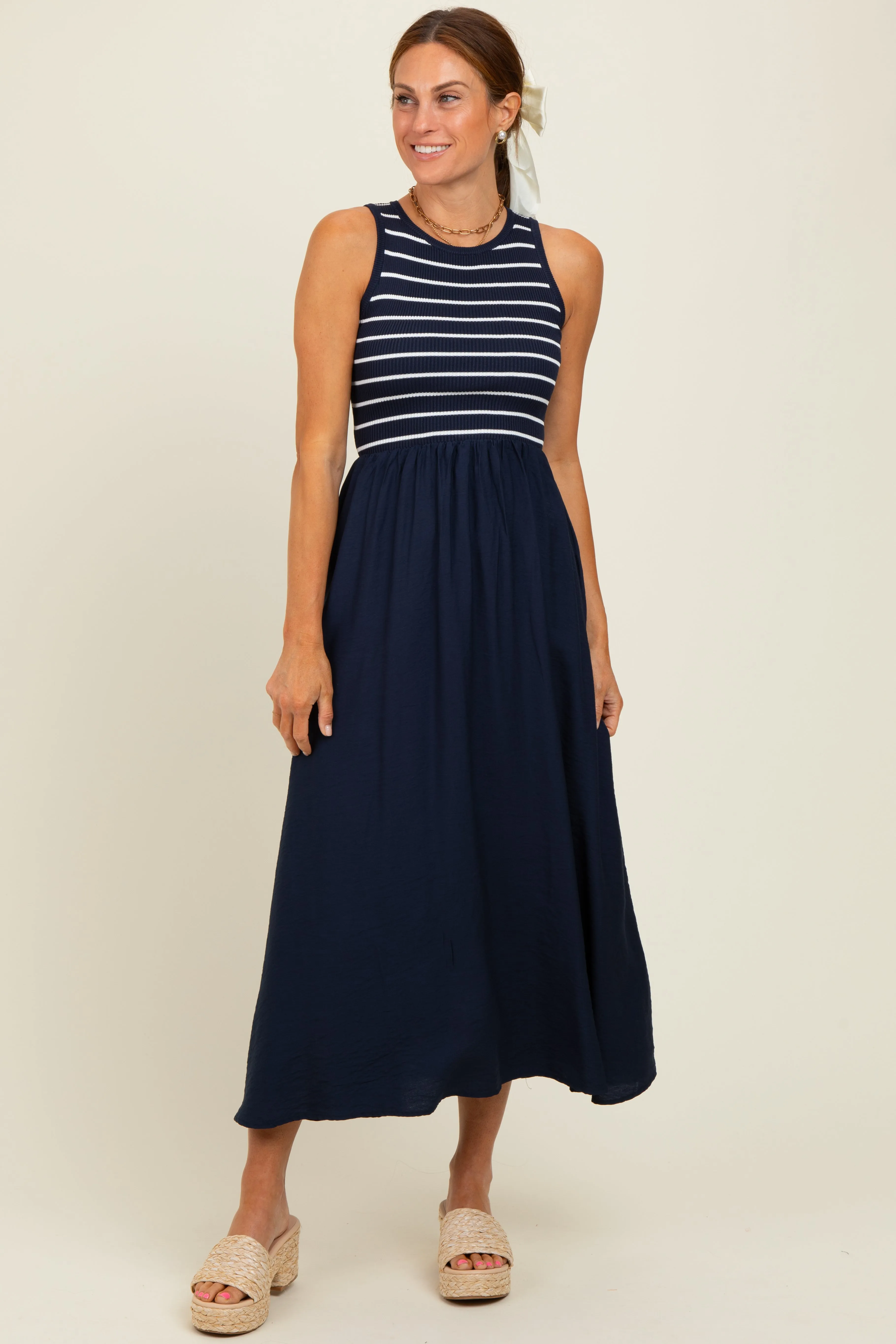 Navy Contrast Striped Knit Sleeveless Midi Dress sold by Pinkblush