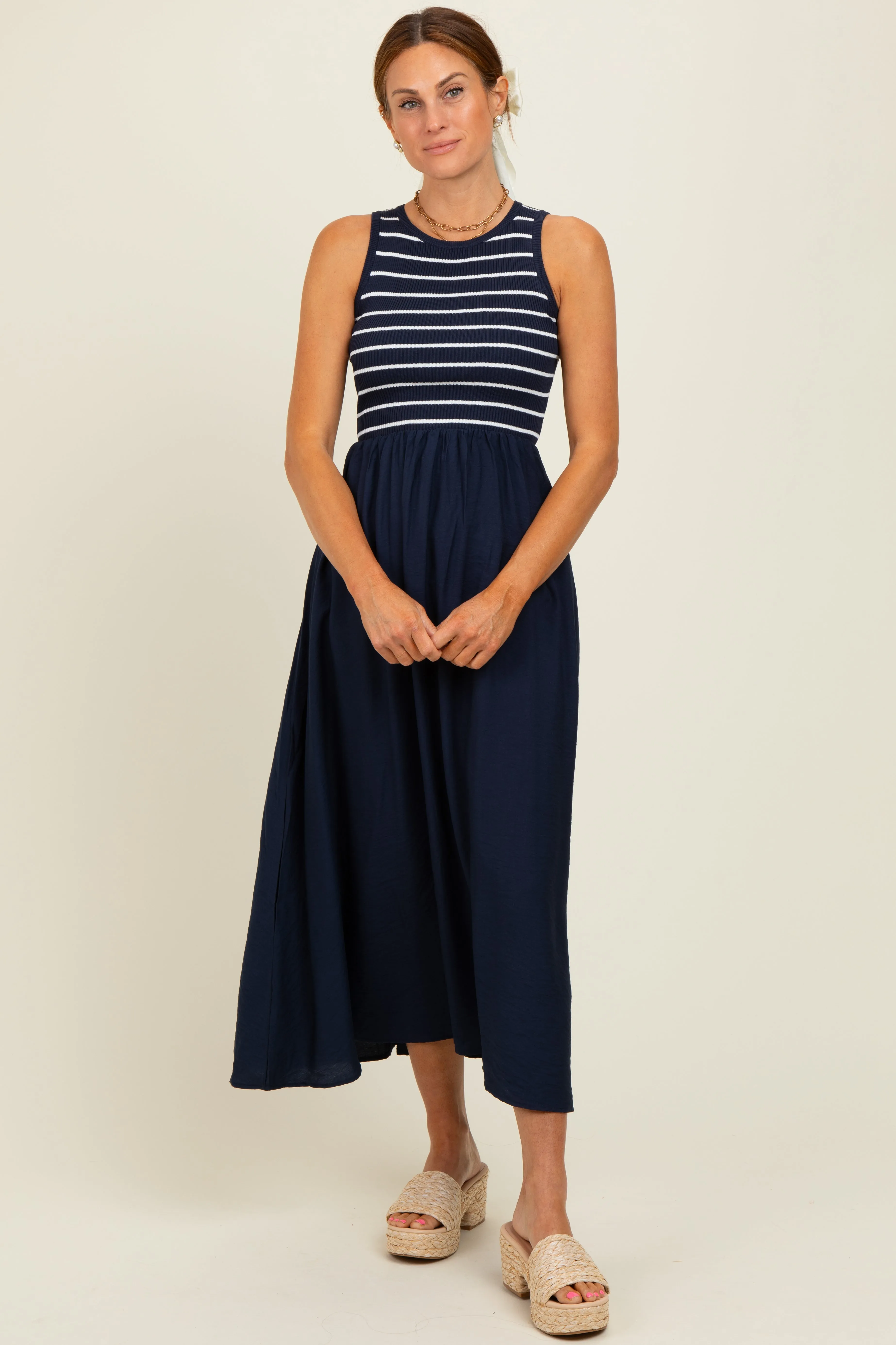 Navy Contrast Striped Knit Sleeveless Midi Dress sold by Pinkblush product image thumbnail 2