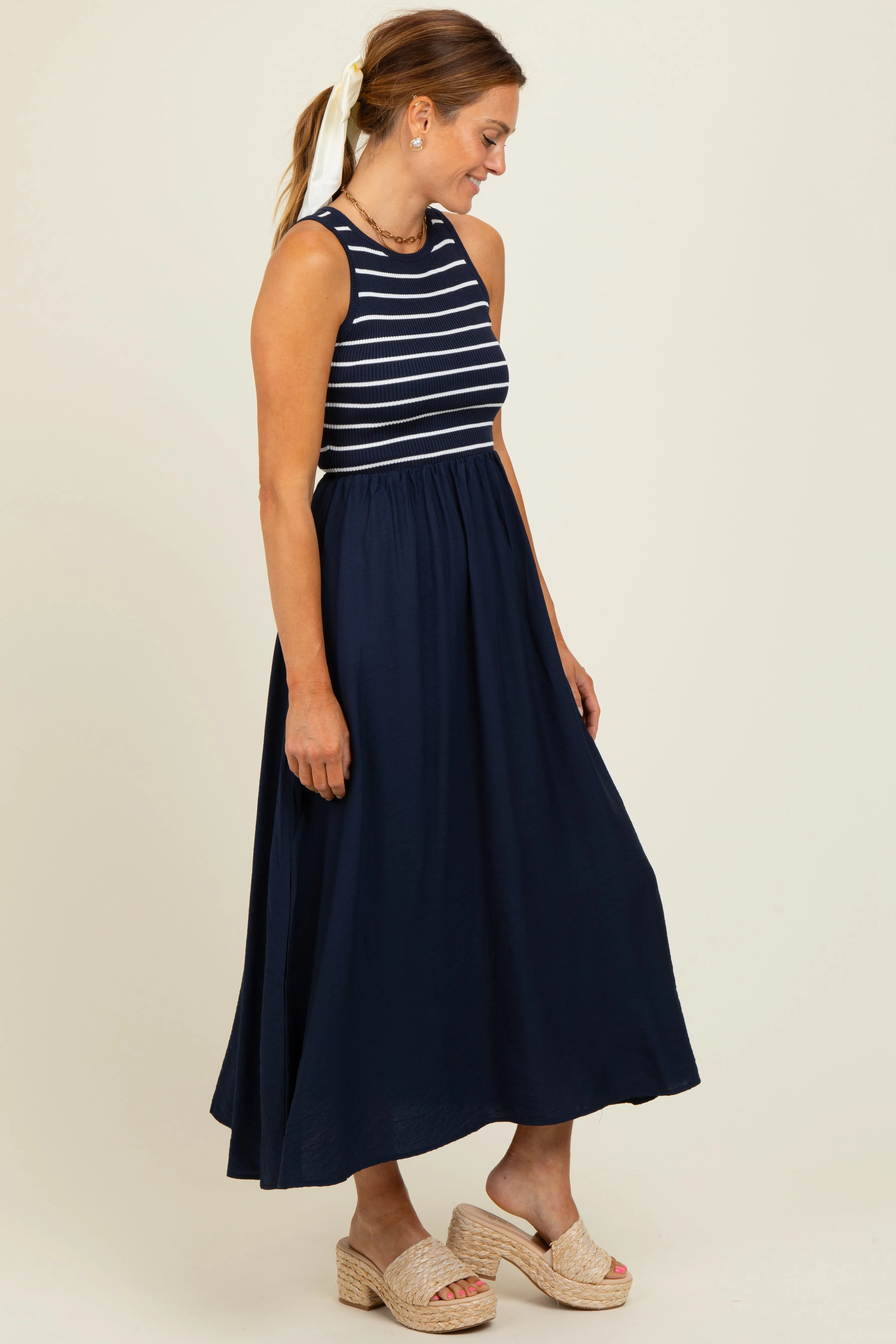 Navy Contrast Striped Knit Sleeveless Midi Dress sold by Pinkblush product image thumbnail 3