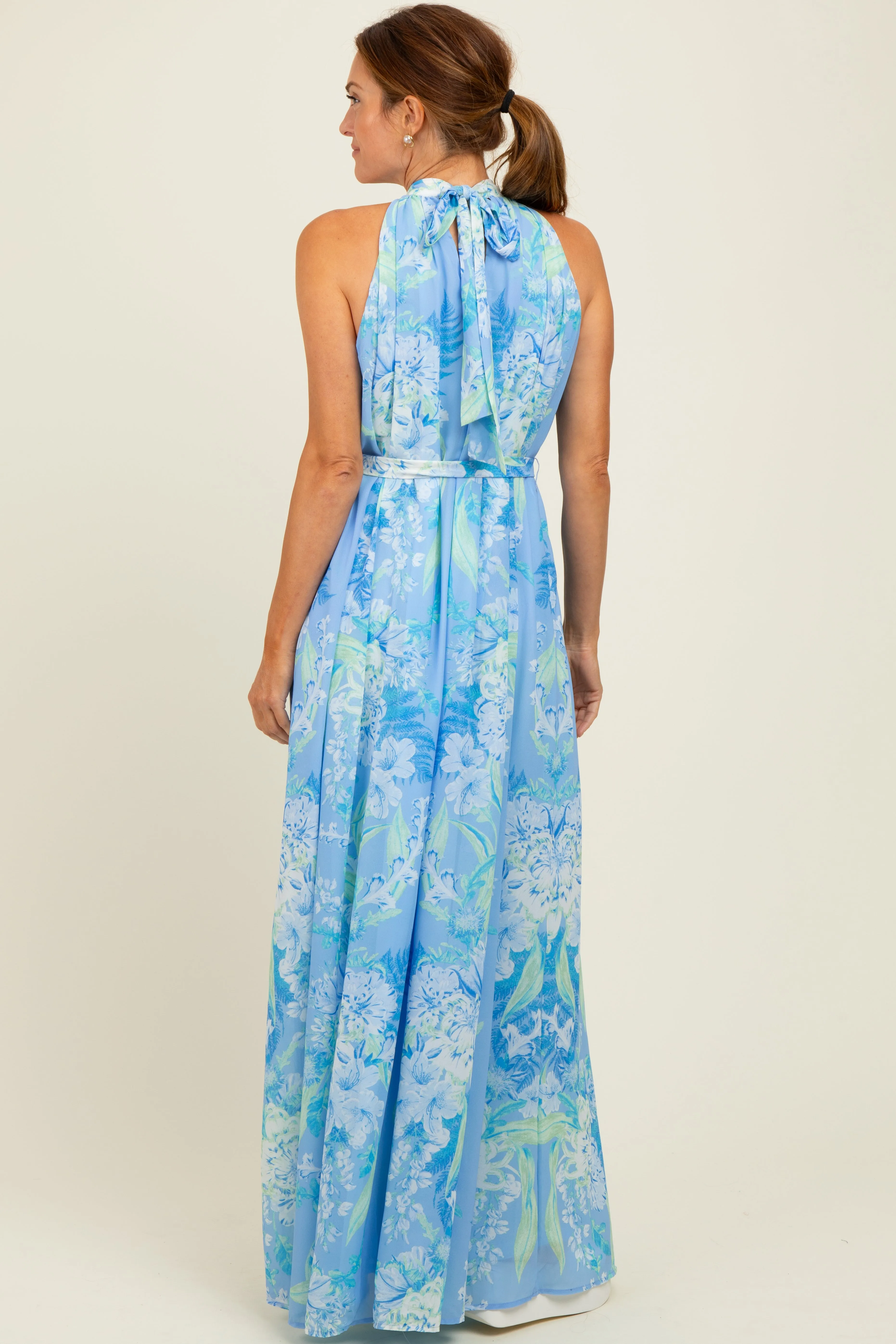 Blue Floral Halter Sleeveless Sash Tie Maxi Dress sold by Pinkblush product image thumbnail 4