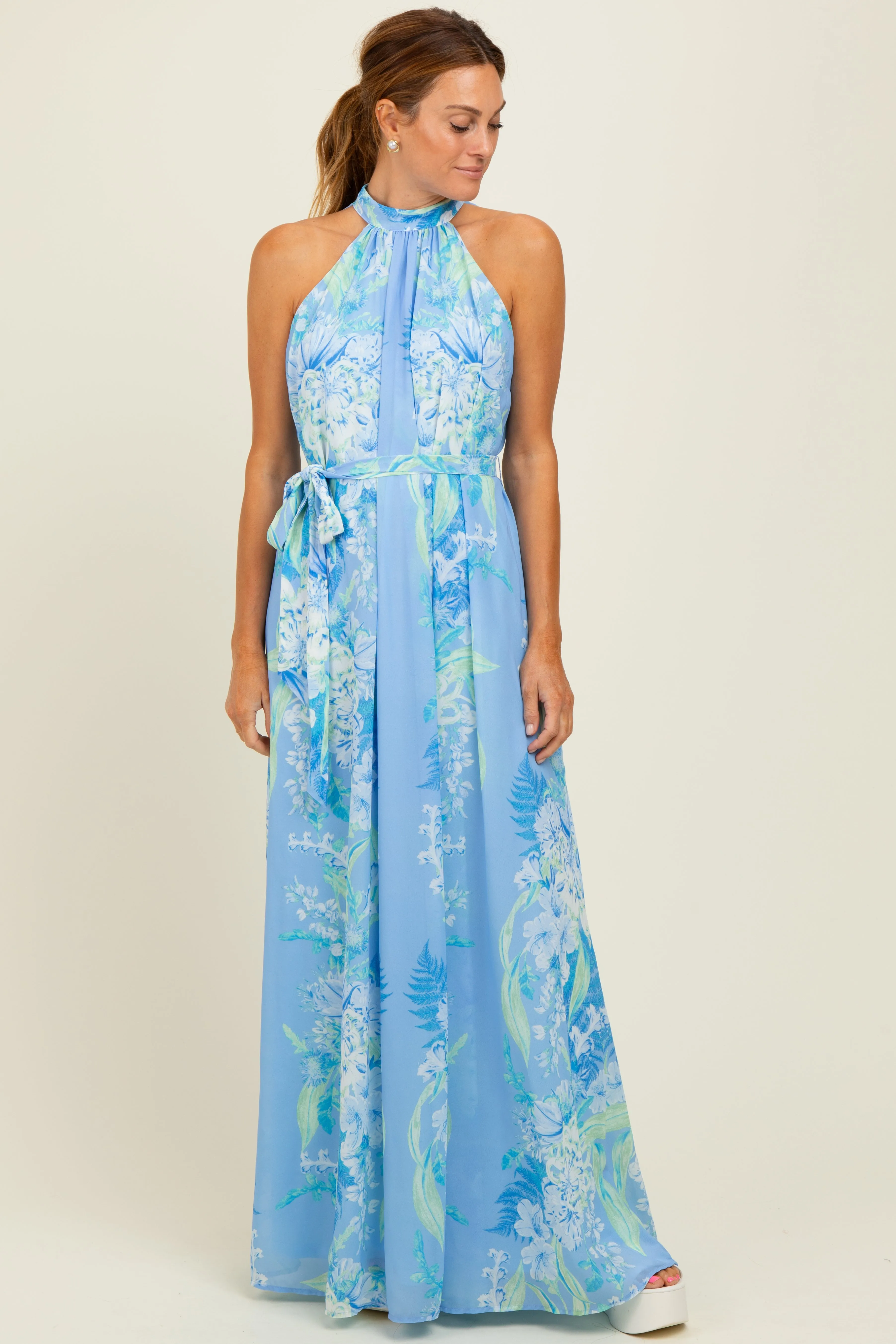 Blue Floral Halter Sleeveless Sash Tie Maxi Dress sold by Pinkblush product image thumbnail 2