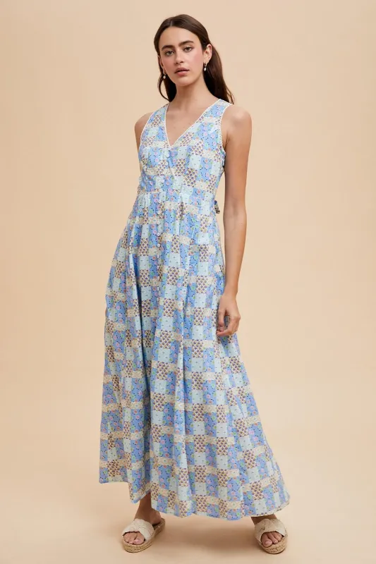 Light Blue Multi Cotton Patchwork Print Button Down Maxi sold by Pinkblush
