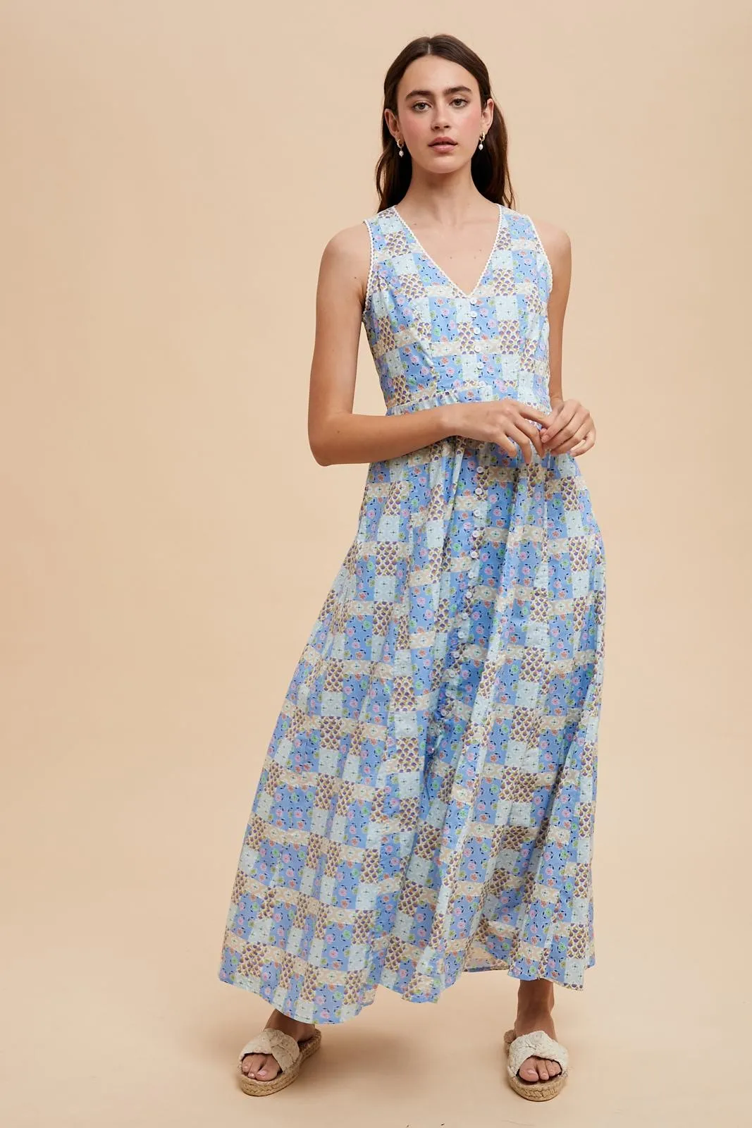 Light Blue Multi Cotton Patchwork Print Button Down Maxi sold by Pinkblush product image thumbnail 2