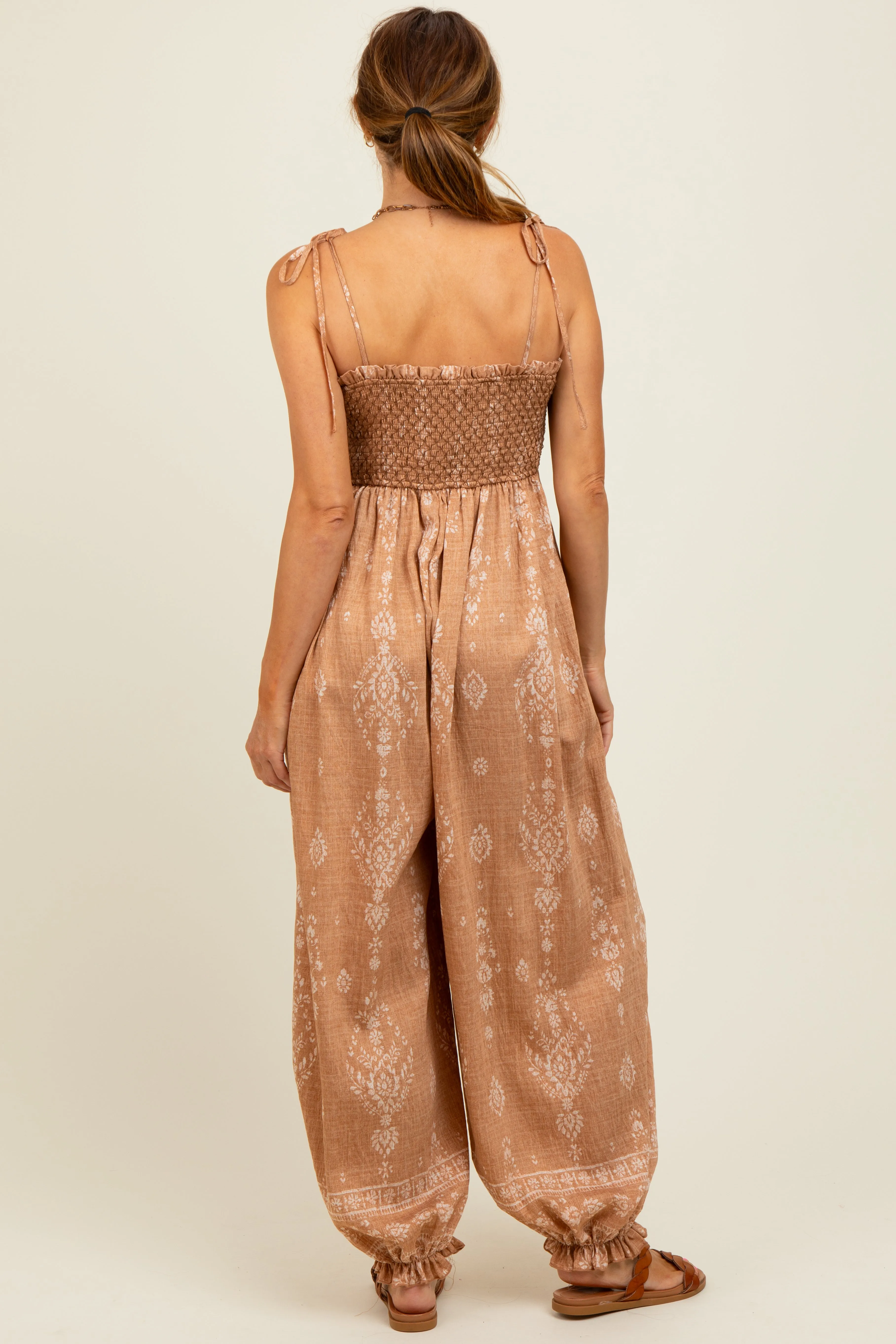 Camel Printed Smocked Shoulder Tie Jumpsuit sold by Pinkblush product image thumbnail 3