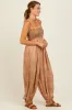 Camel Printed Smocked Shoulder Tie Jumpsuit sold by Pinkblush