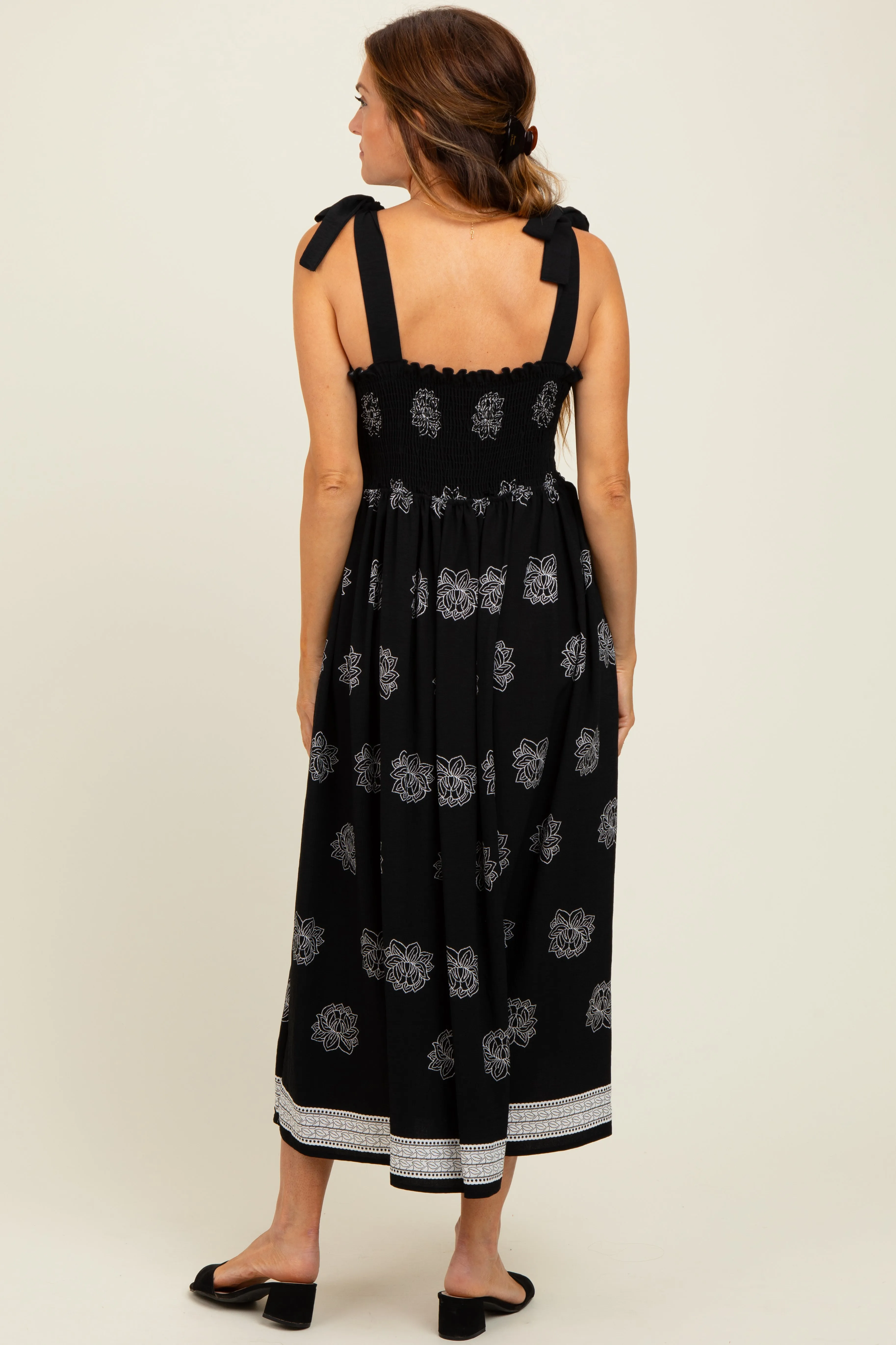 Black/Cream Vintage Floral Border Printed Smocked Top Sleeveless Maxi Dress sold by Pinkblush product image thumbnail 4