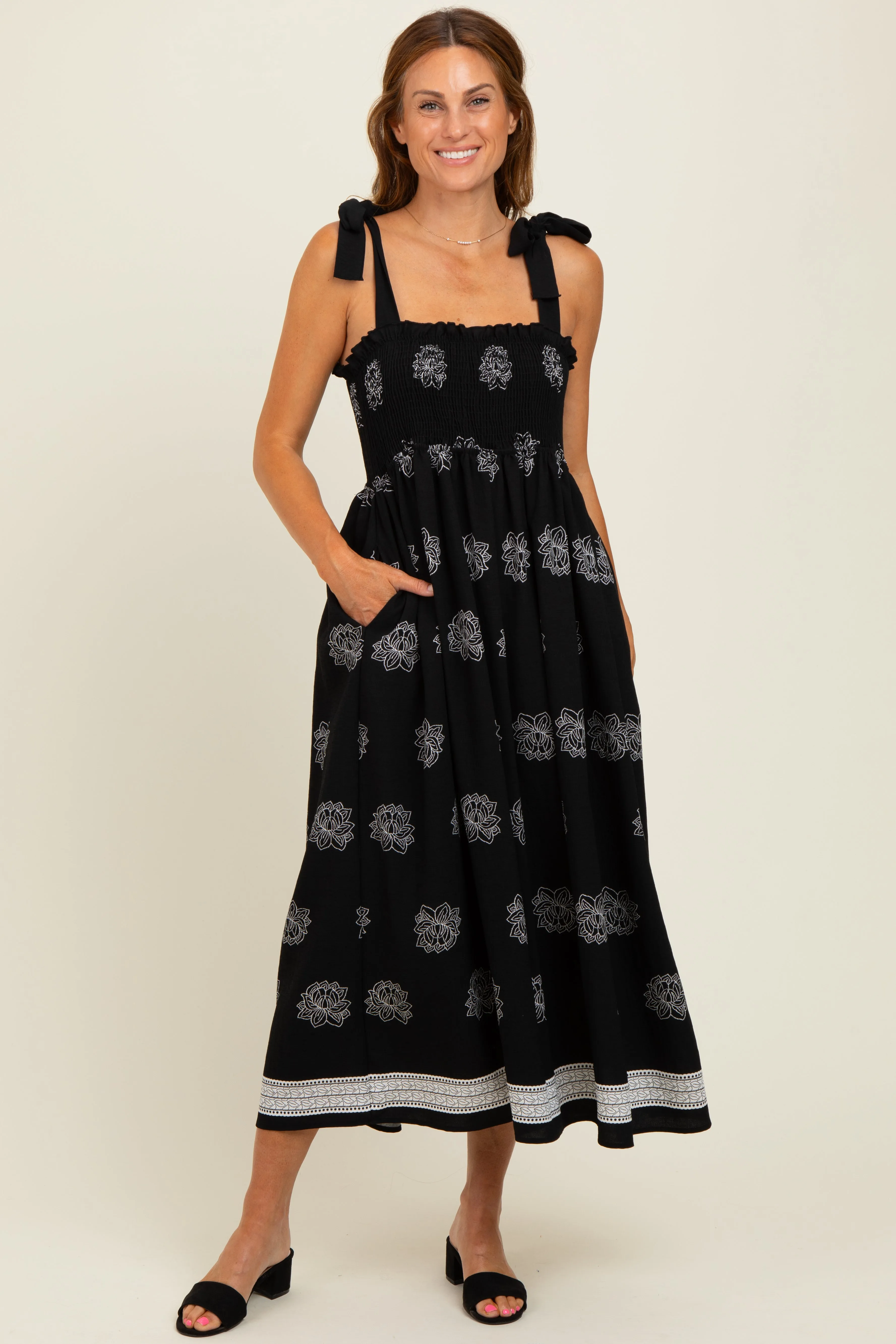 Black/Cream Vintage Floral Border Printed Smocked Top Sleeveless Maxi Dress sold by Pinkblush