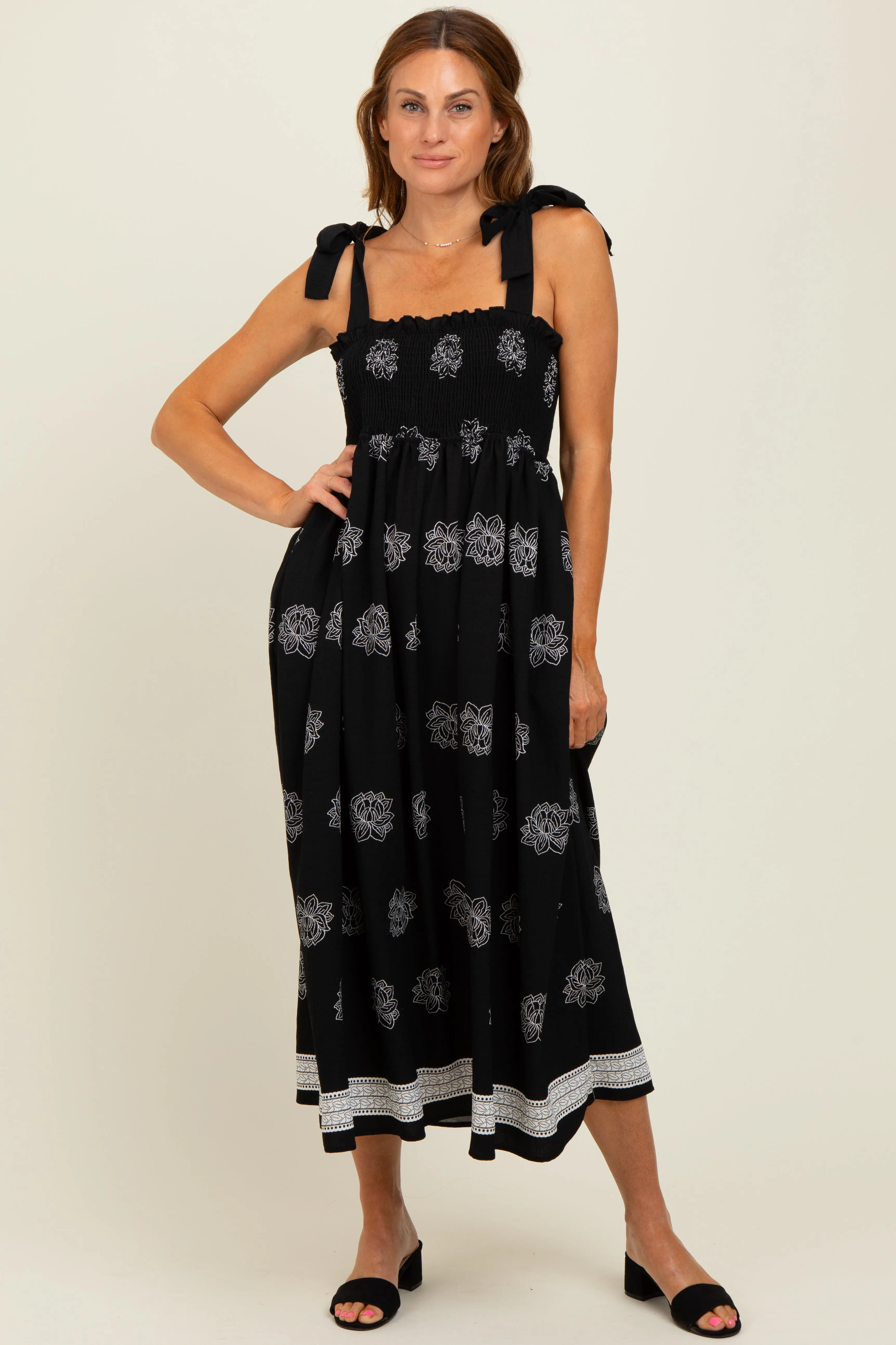 Black/Cream Vintage Floral Border Printed Smocked Top Sleeveless Maxi Dress sold by Pinkblush product image thumbnail 2