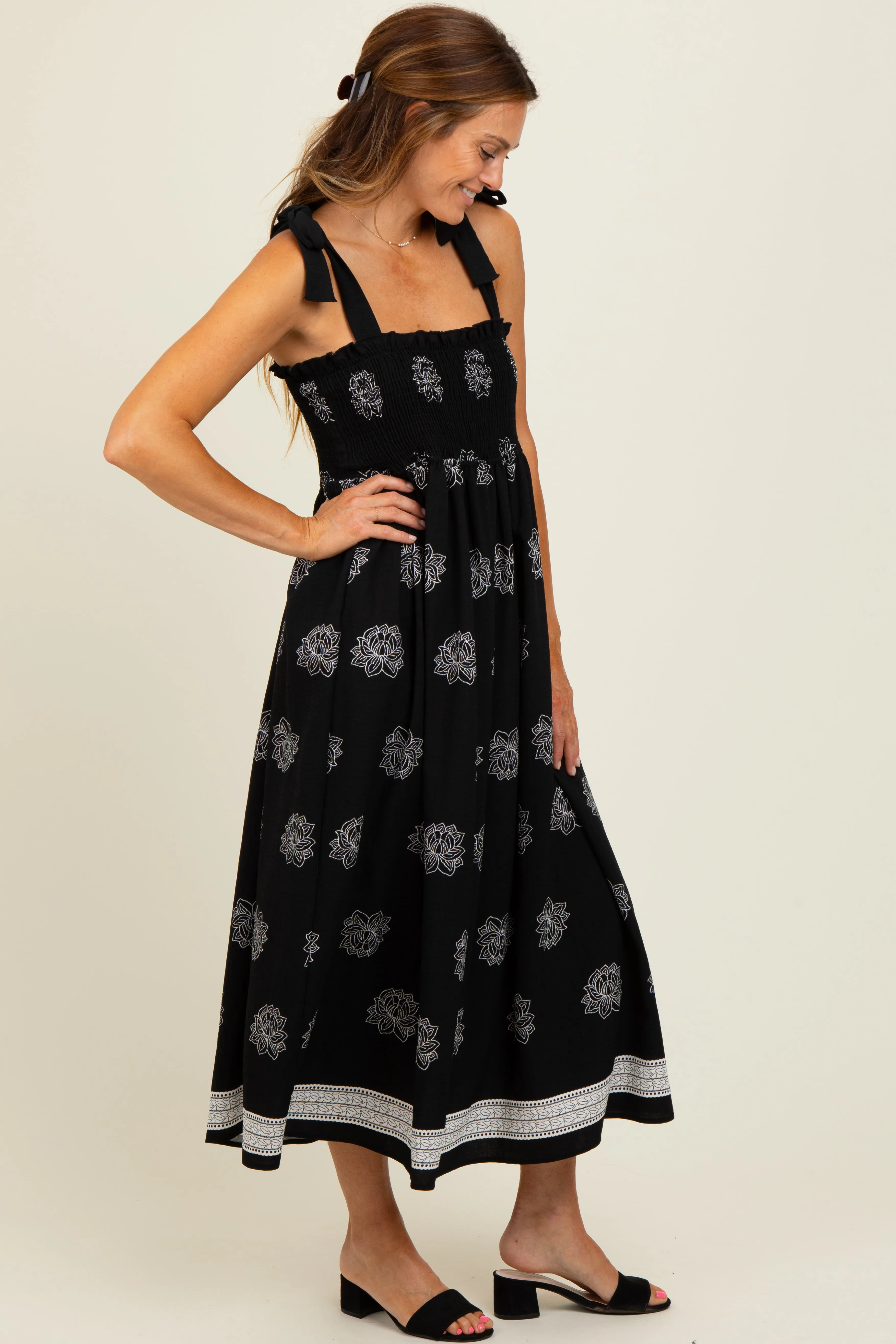 Black/Cream Vintage Floral Border Printed Smocked Top Sleeveless Maxi Dress sold by Pinkblush product image thumbnail 3