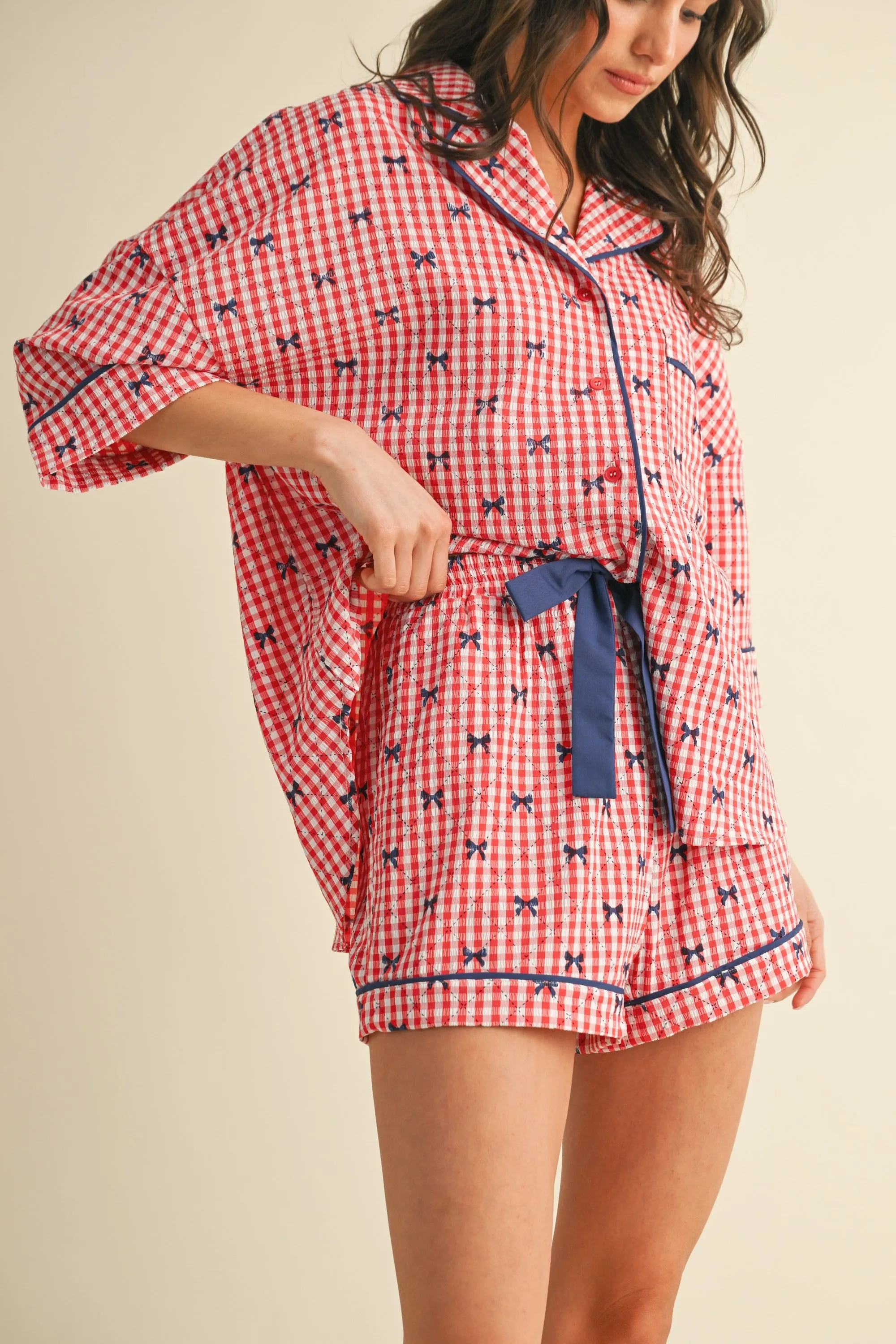 Red Bow Print Gingham Pajama Short Set sold by Pinkblush product image thumbnail 2