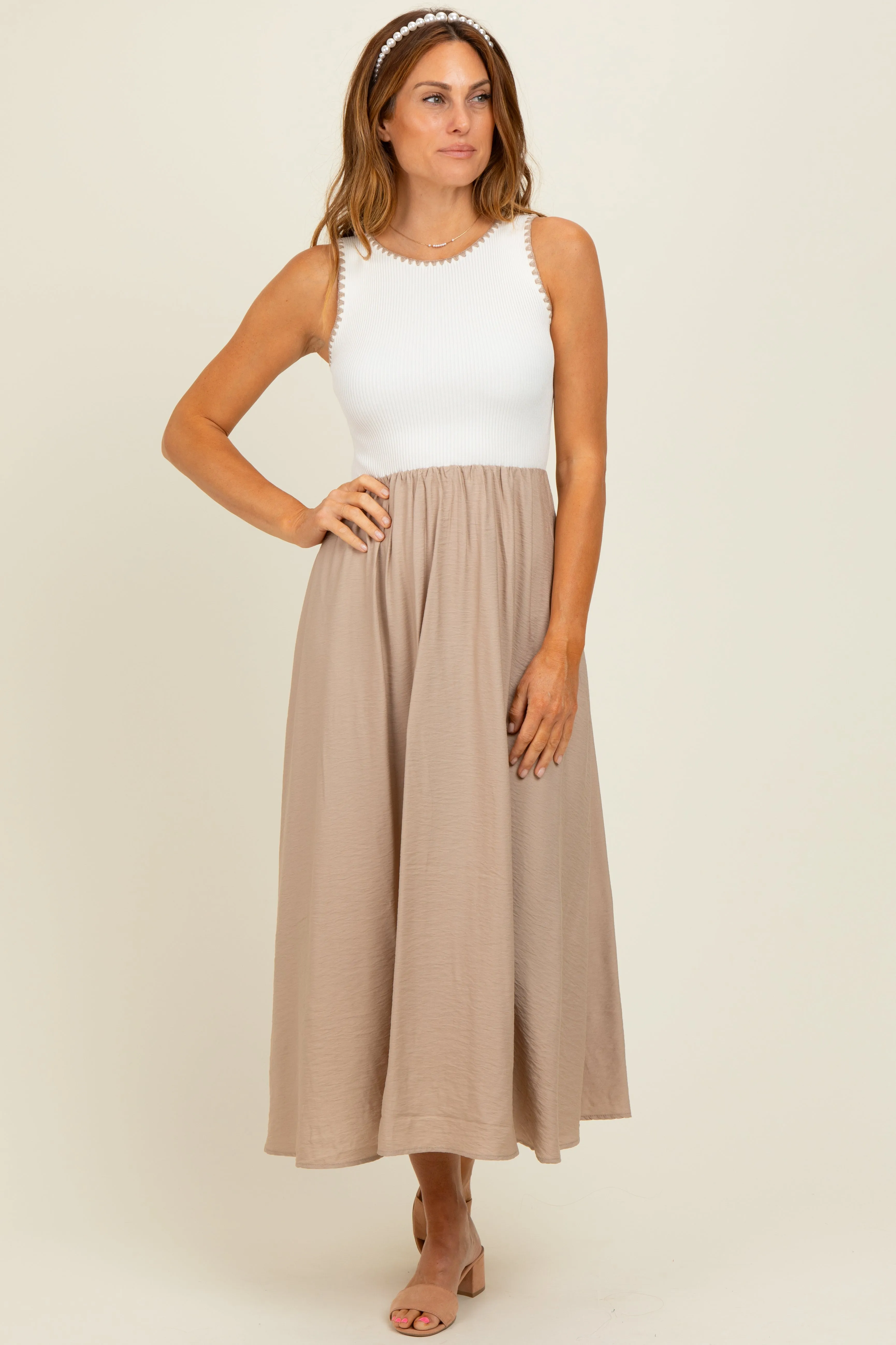 Beige Contrast Knit Top Sleeveless Midi Dress sold by Pinkblush product image thumbnail 2