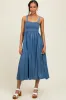 Blue Smocked Chambray Tie Back Cutout Maternity Midi Dress sold by Pinkblush