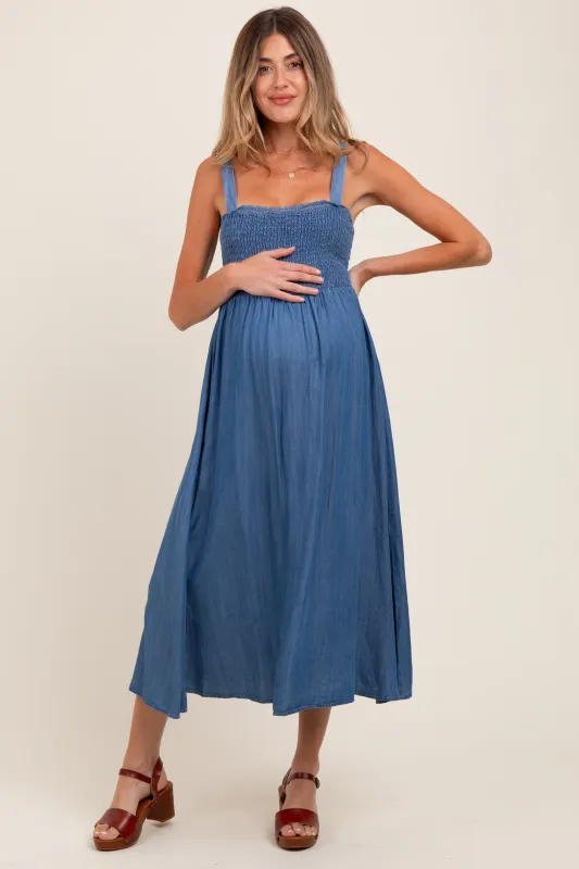 Blue Smocked Chambray Tie Back Cutout Maternity Midi Dress sold by Pinkblush