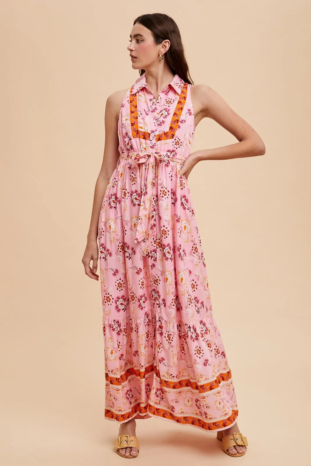 Pink Border Print Collared Button Down Maxi Dress sold by Pinkblush product image thumbnail 2