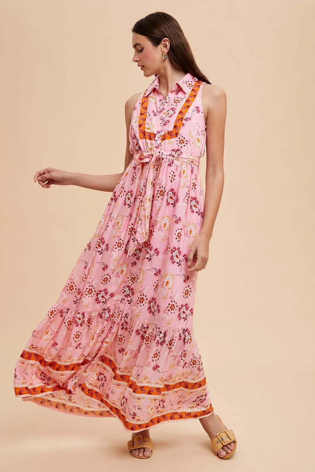 Pink Border Print Collared Button Down Maxi Dress sold by Pinkblush product image thumbnail 3