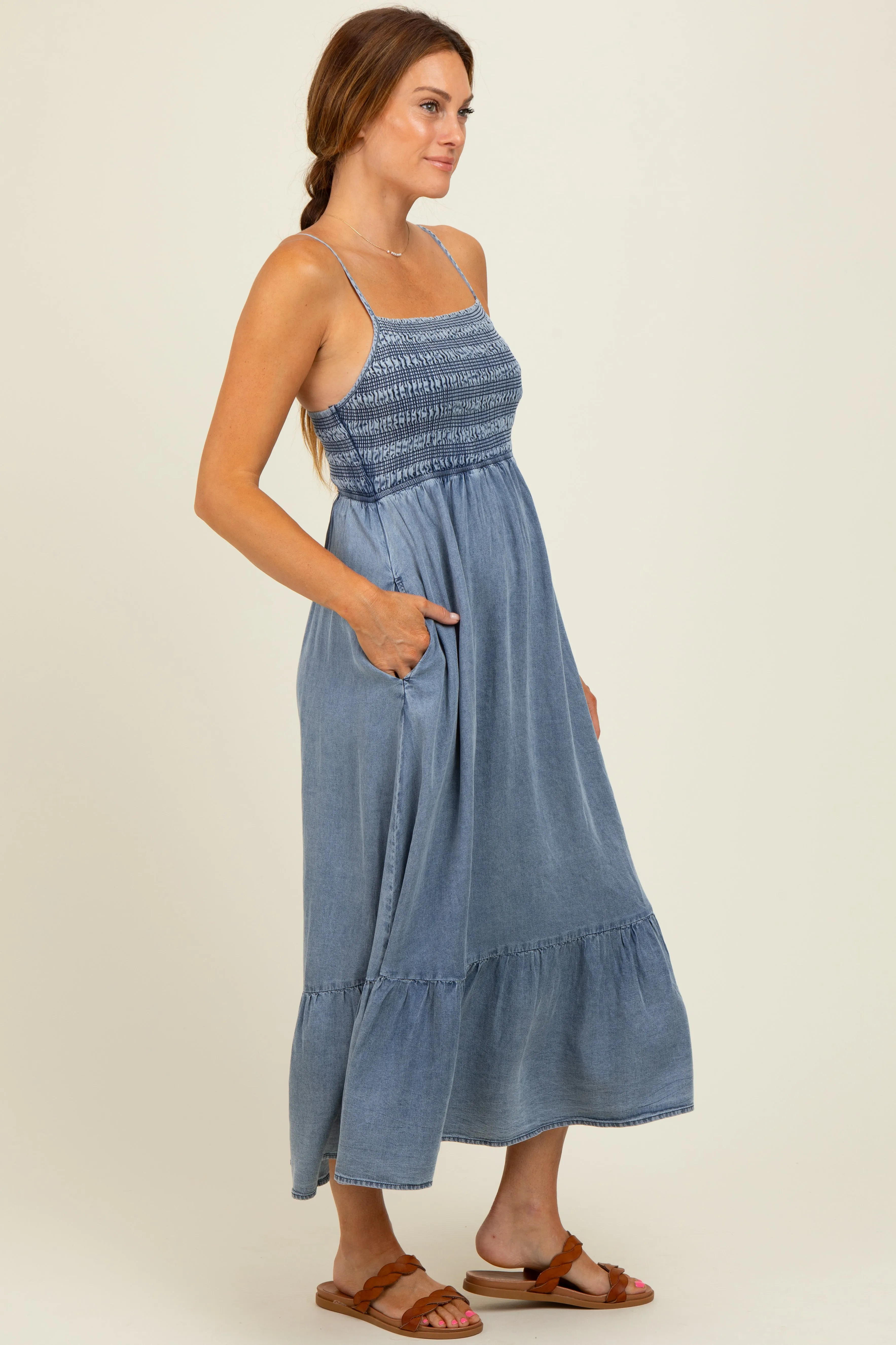 Blue Chambray Smocked Midi Dress sold by Pinkblush product image thumbnail 4