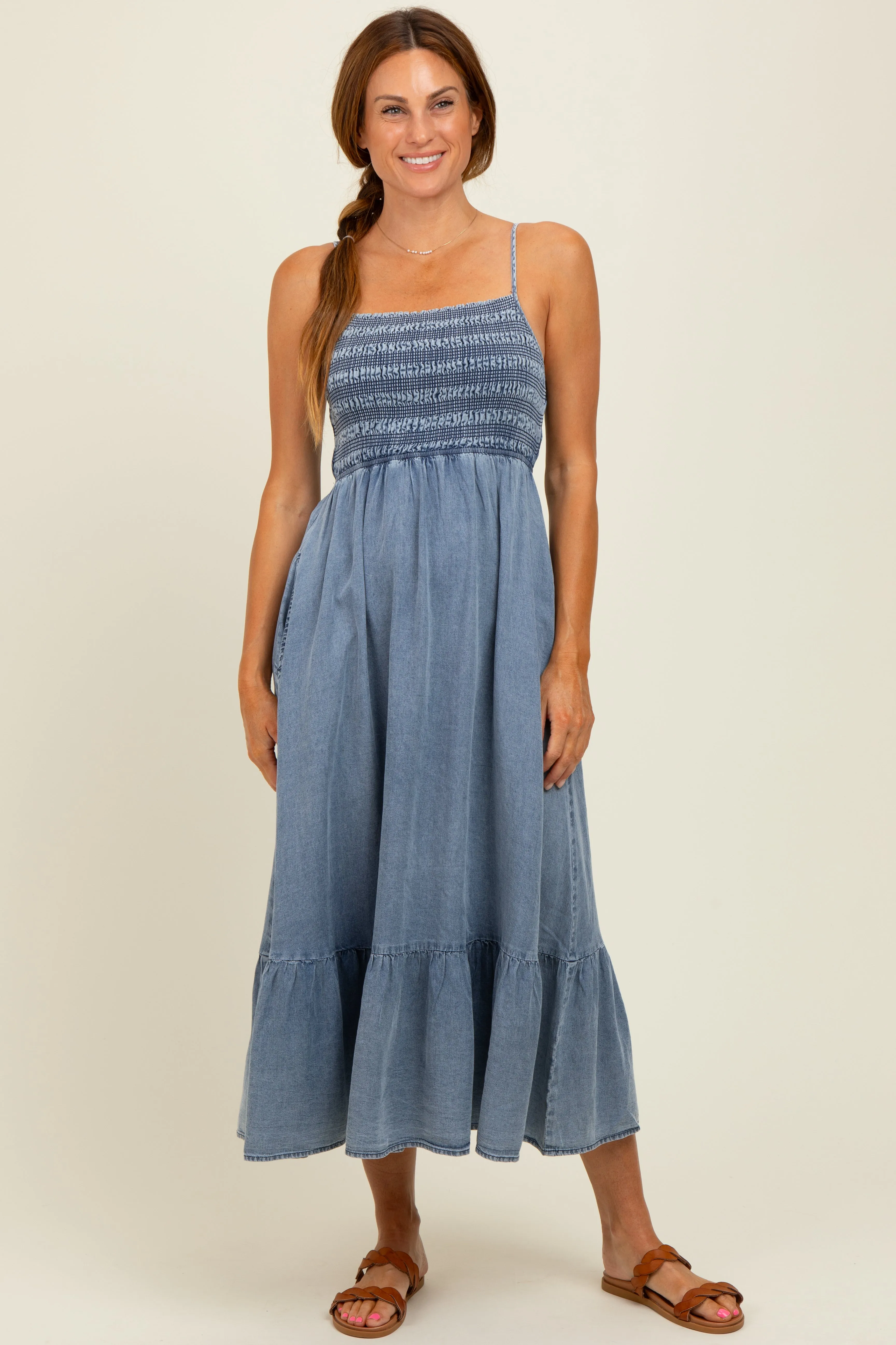 Blue Chambray Smocked Midi Dress sold by Pinkblush