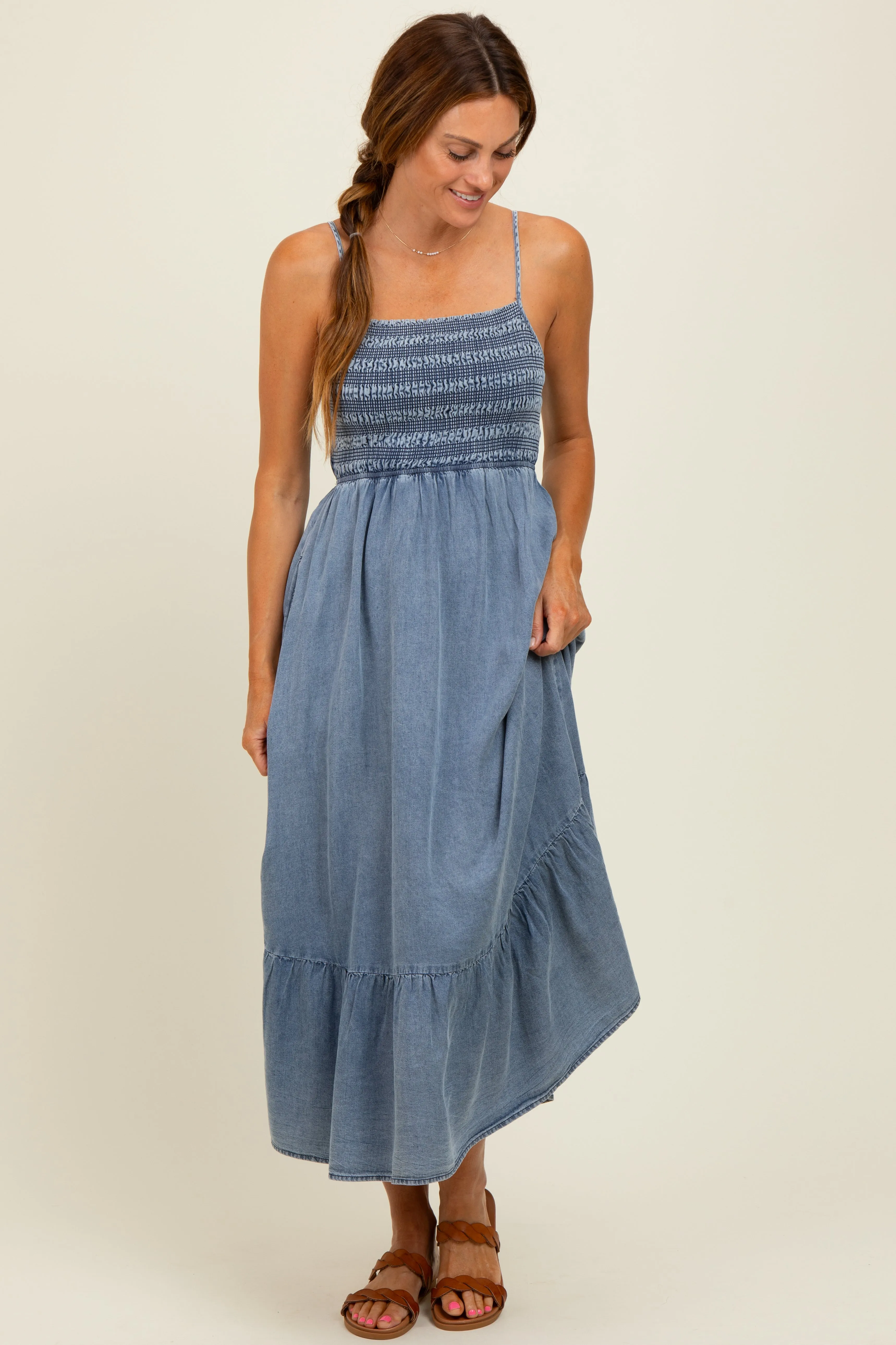 Blue Chambray Smocked Midi Dress sold by Pinkblush product image thumbnail 3