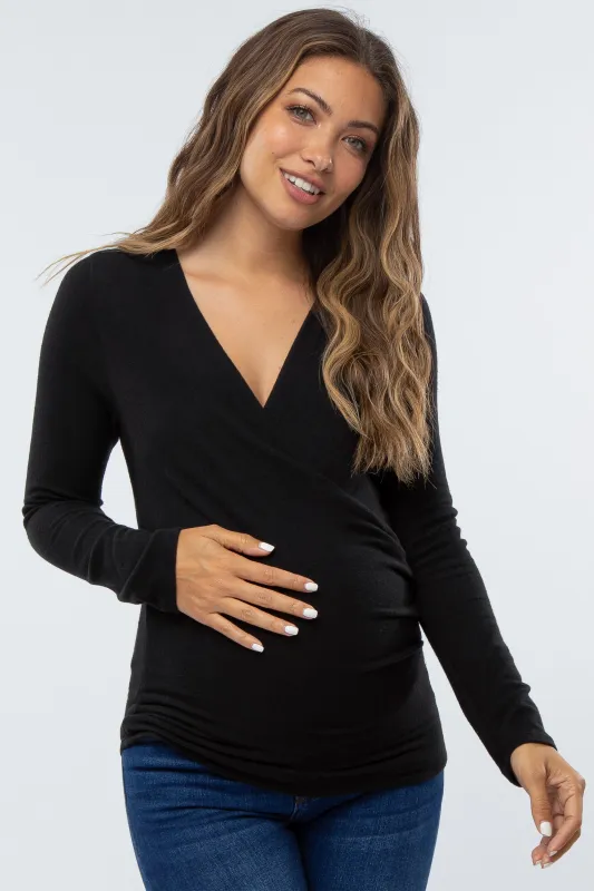 Black Brushed Knit Wrap Front Maternity Top sold by Pinkblush