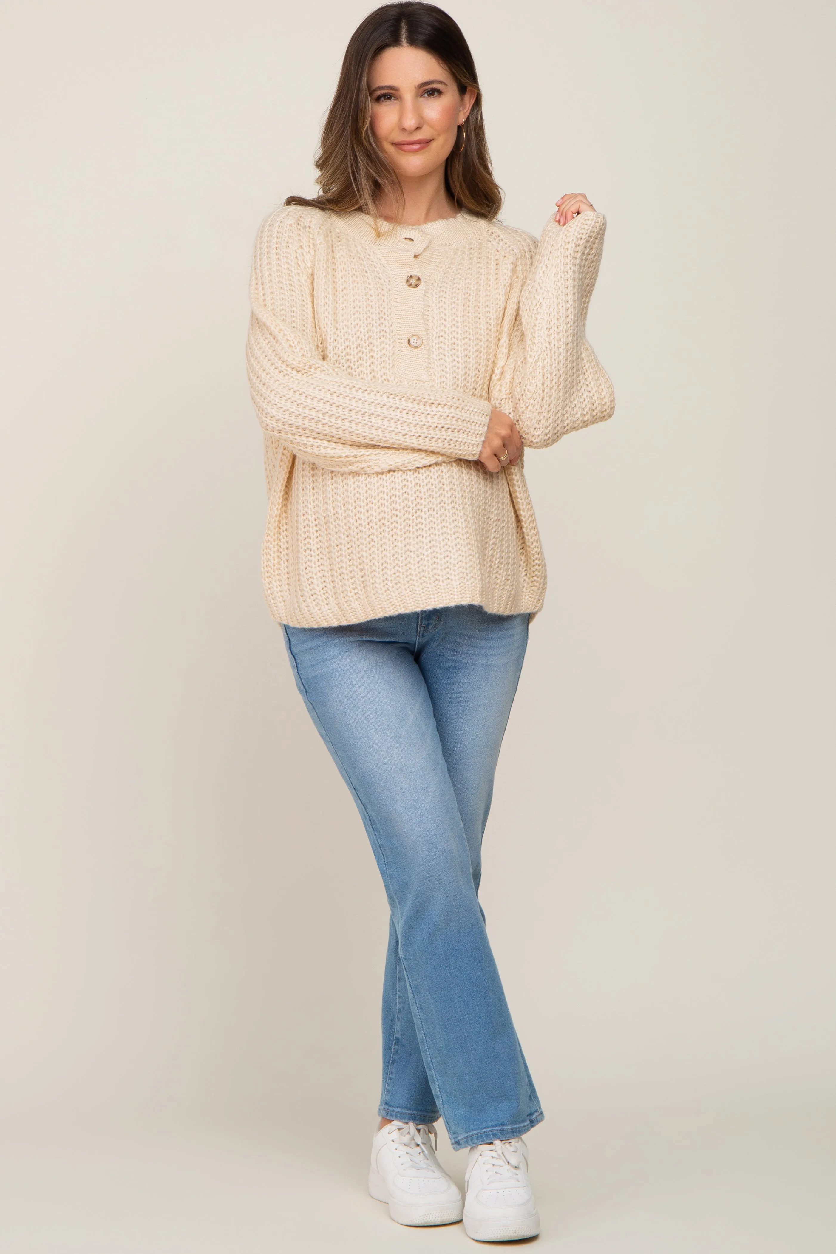 Beige Open Knit Button Front Maternity Sweater sold by Pinkblush product image thumbnail 4