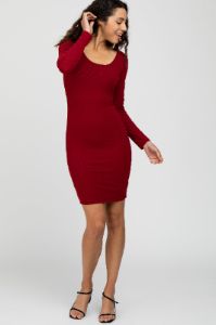 Burgundy Ribbed Fitted Long Sleeve Dress sold by Pinkblush