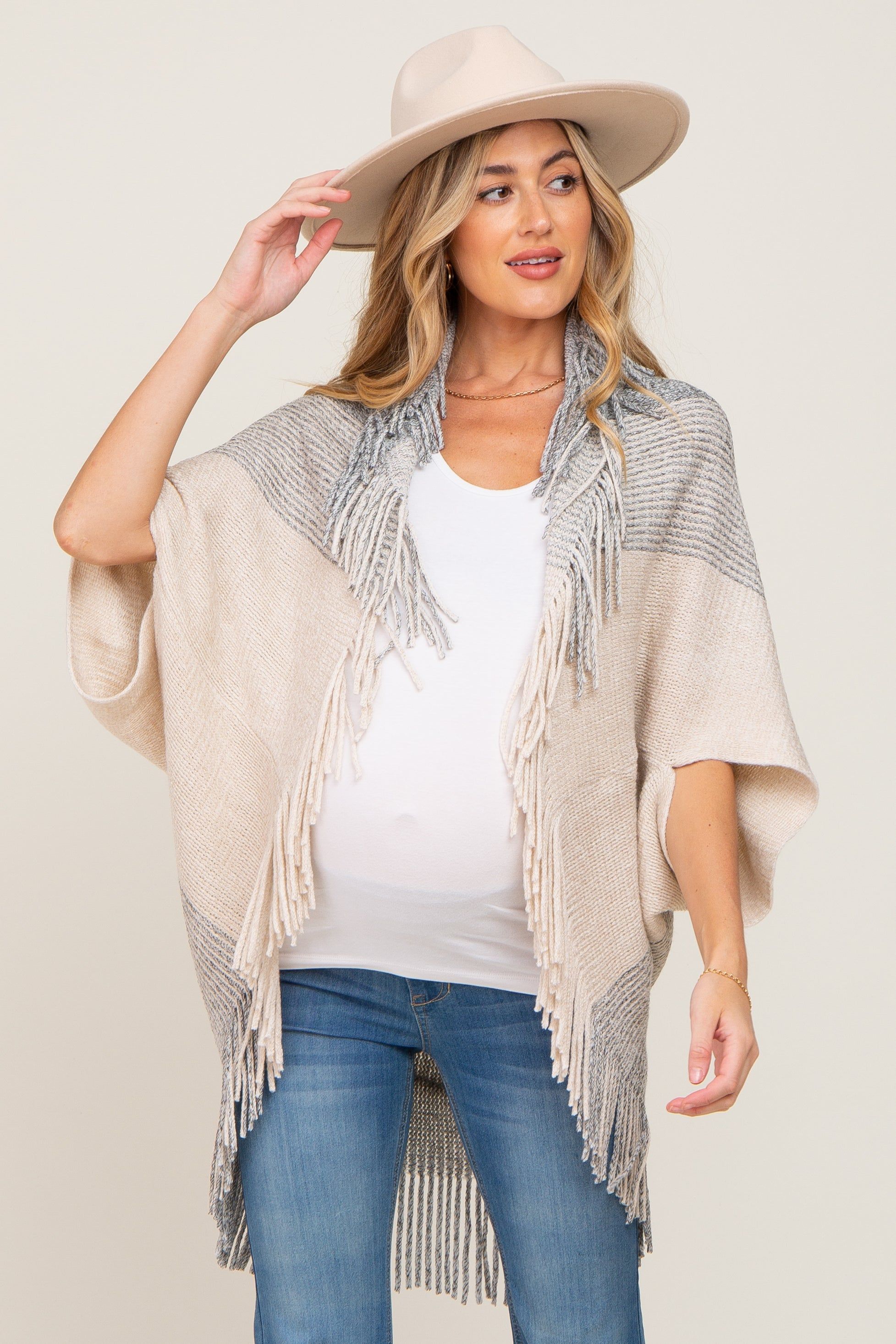 Beige Grey Fringe Knit Maternity Cover-Up sold by Pinkblush product image thumbnail 2