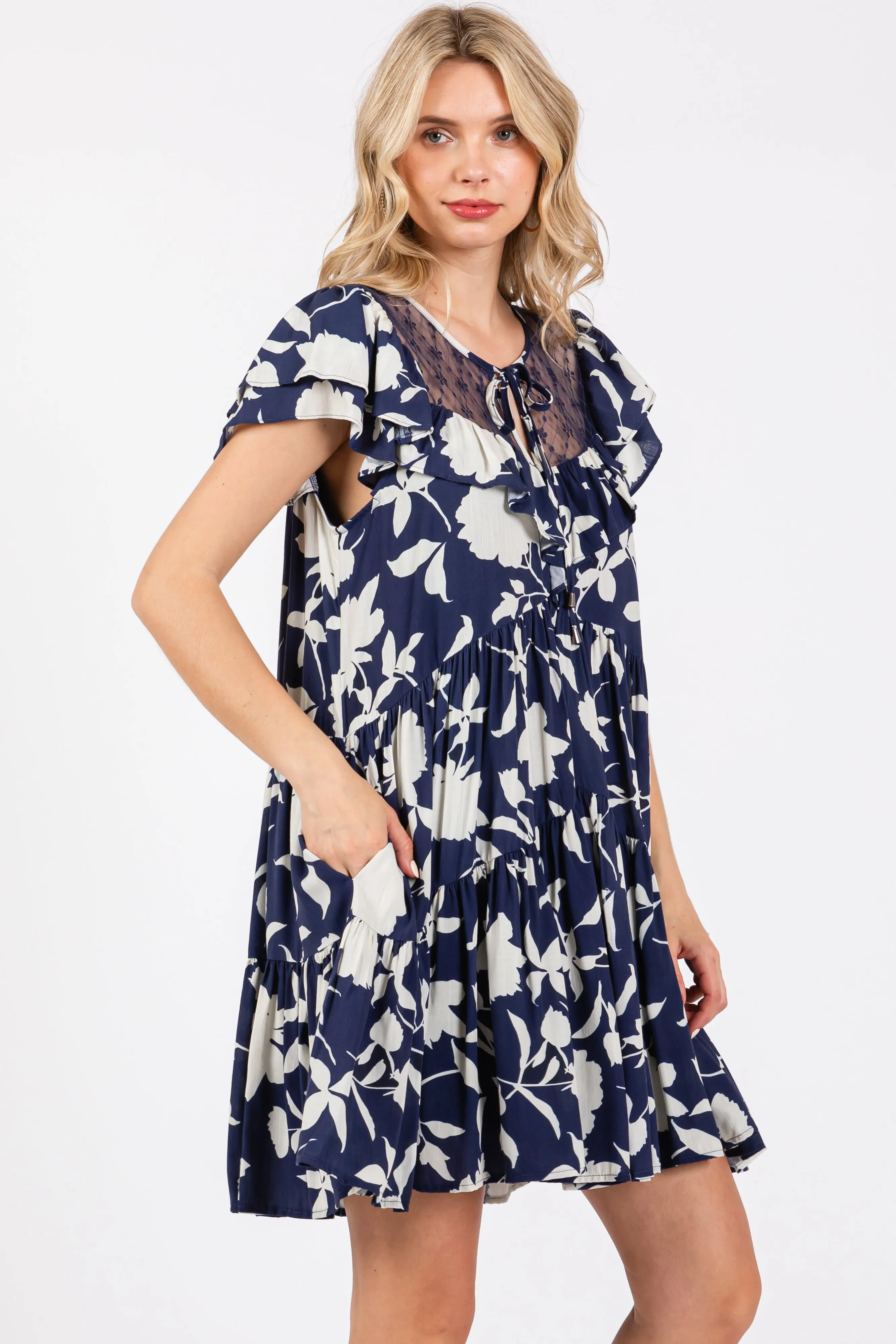 Navy Floral Ruffle Lace Dress sold by Pinkblush product image thumbnail 2