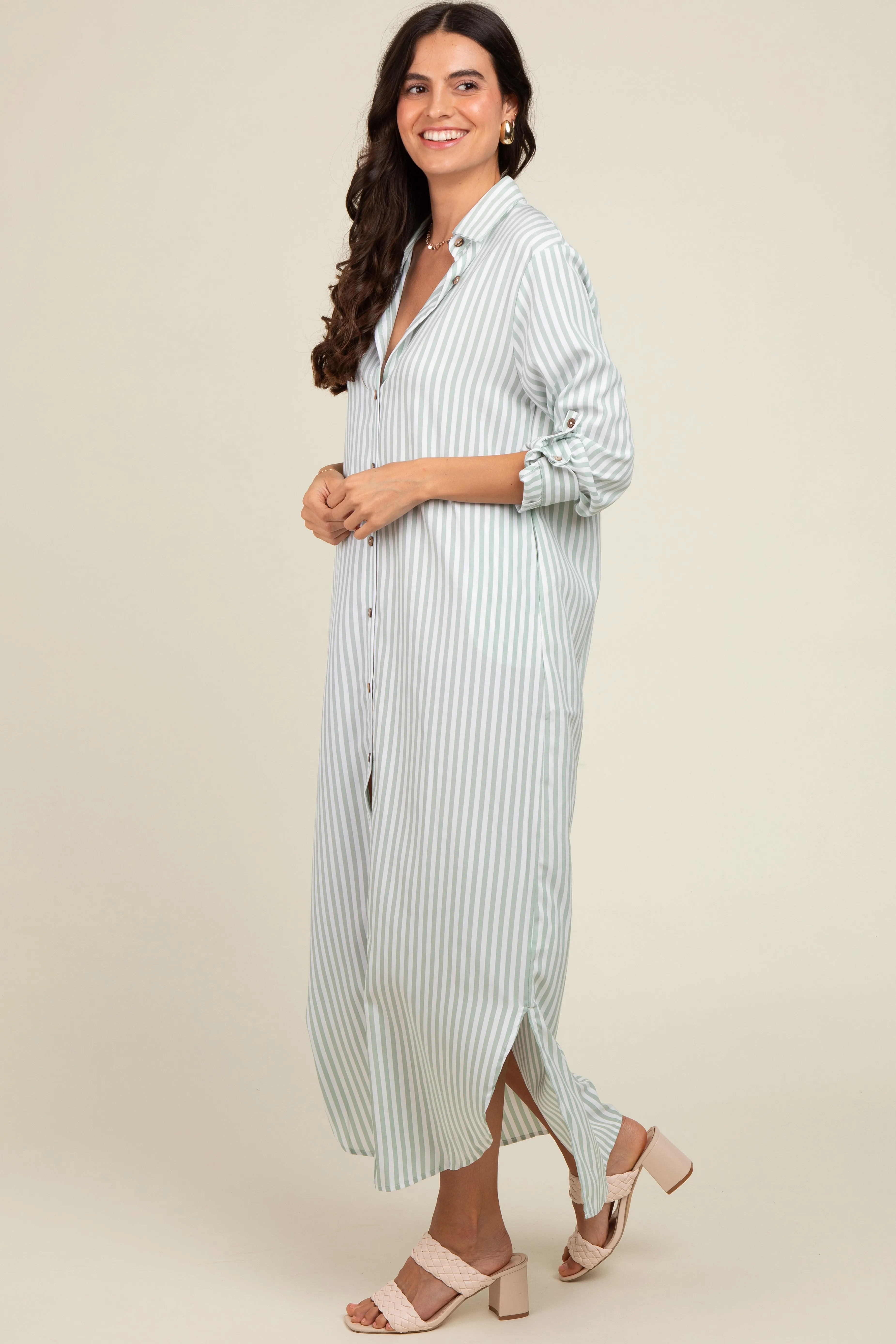 Light Olive Striped Button Down Maxi Dress sold by Pinkblush product image thumbnail 2