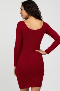 Burgundy Ribbed Fitted Long Sleeve Dress sold by Pinkblush