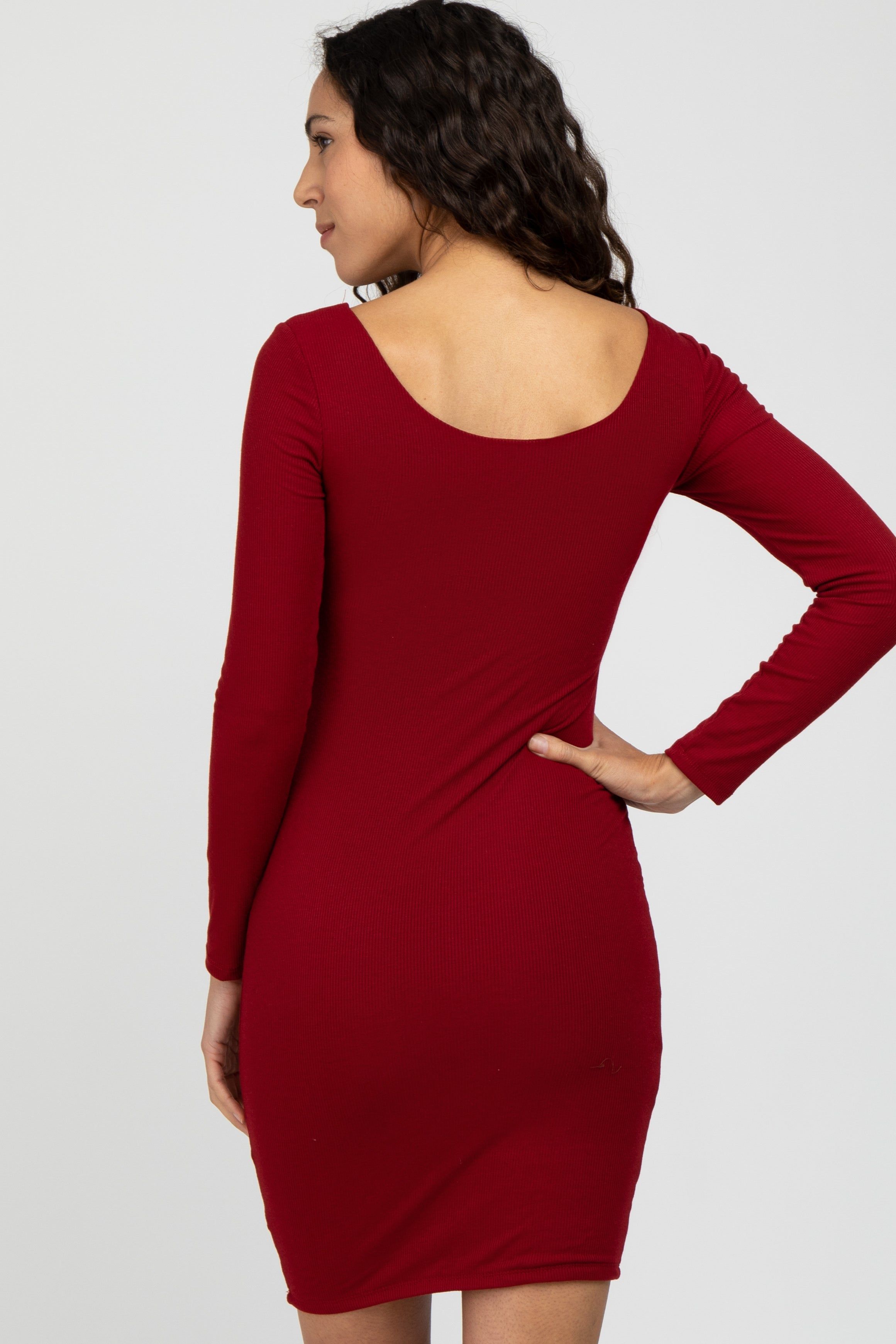 Burgundy Ribbed Fitted Long Sleeve Dress sold by Pinkblush product image thumbnail 4