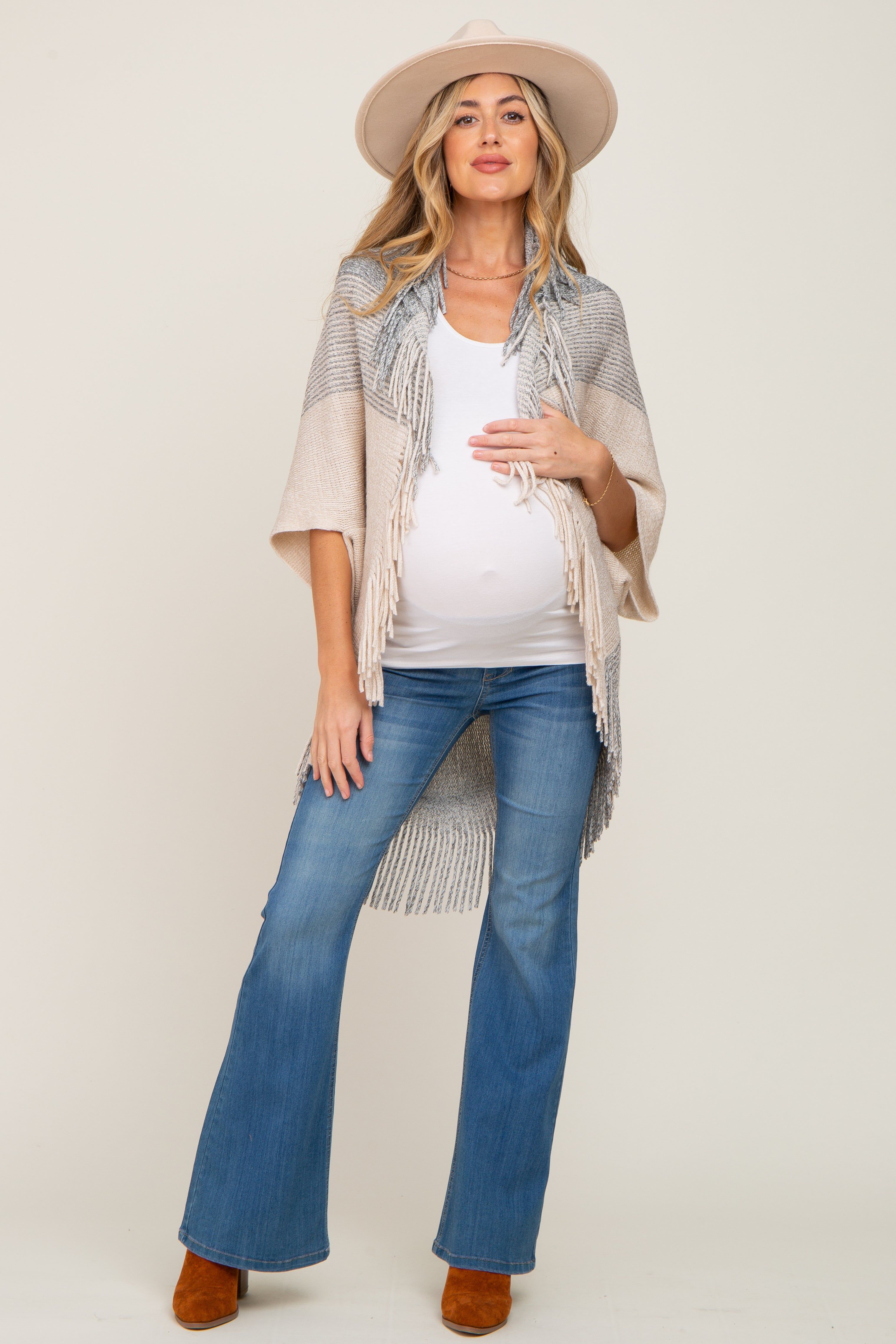 Beige Grey Fringe Knit Maternity Cover-Up sold by Pinkblush