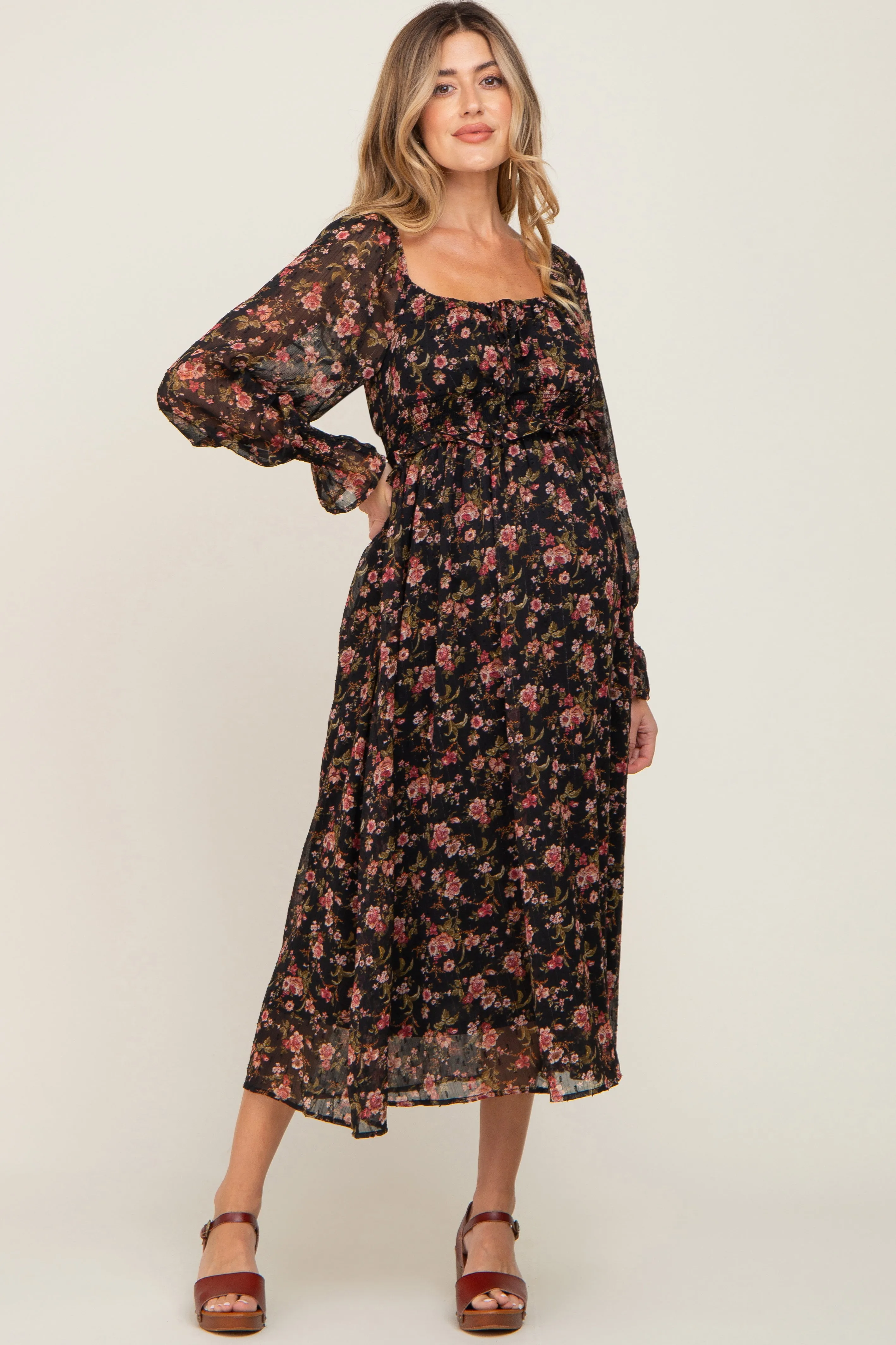 Black Floral Chiffon Smocked Waist Maternity Midi Dress sold by Pinkblush