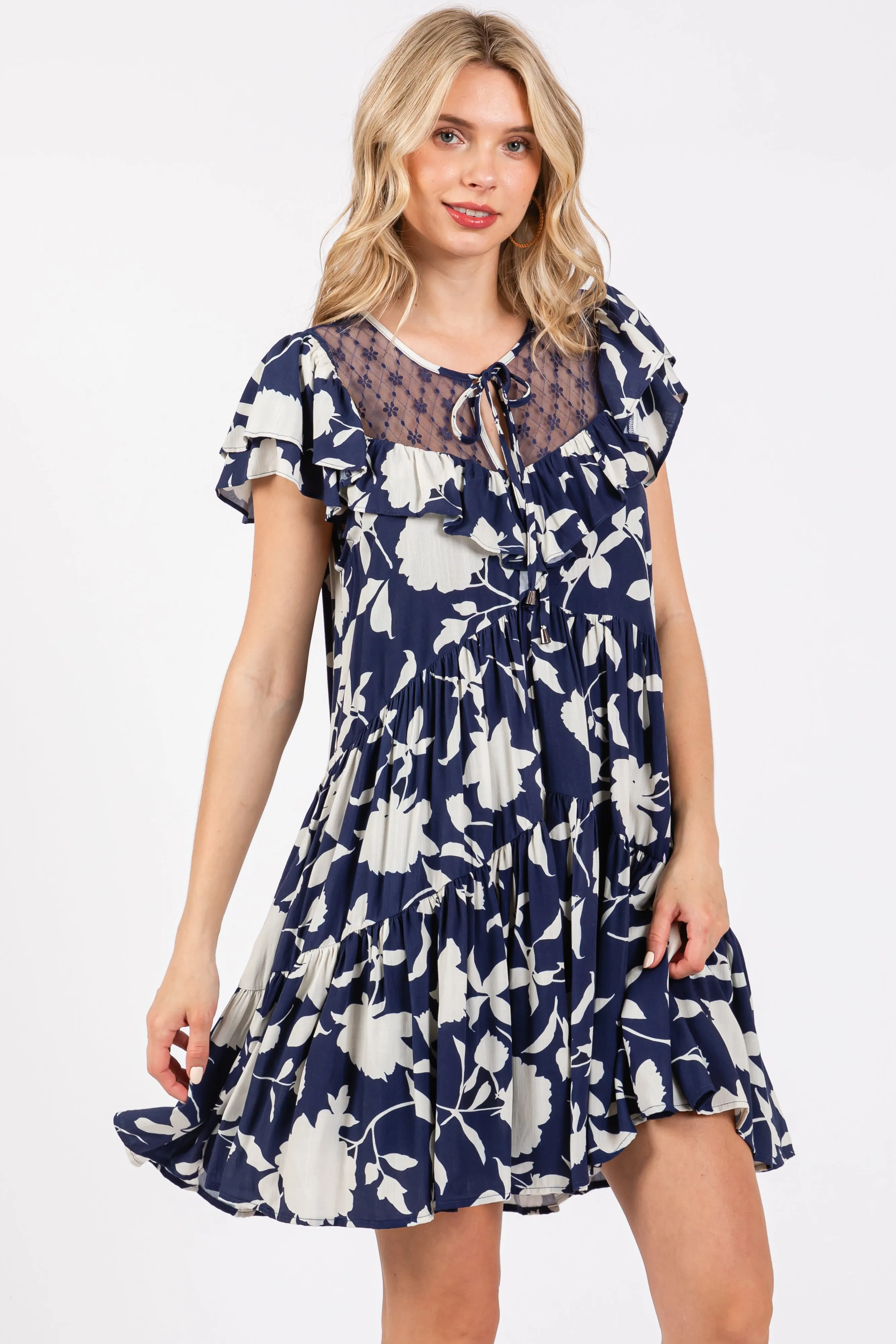 Navy Floral Ruffle Lace Dress sold by Pinkblush
