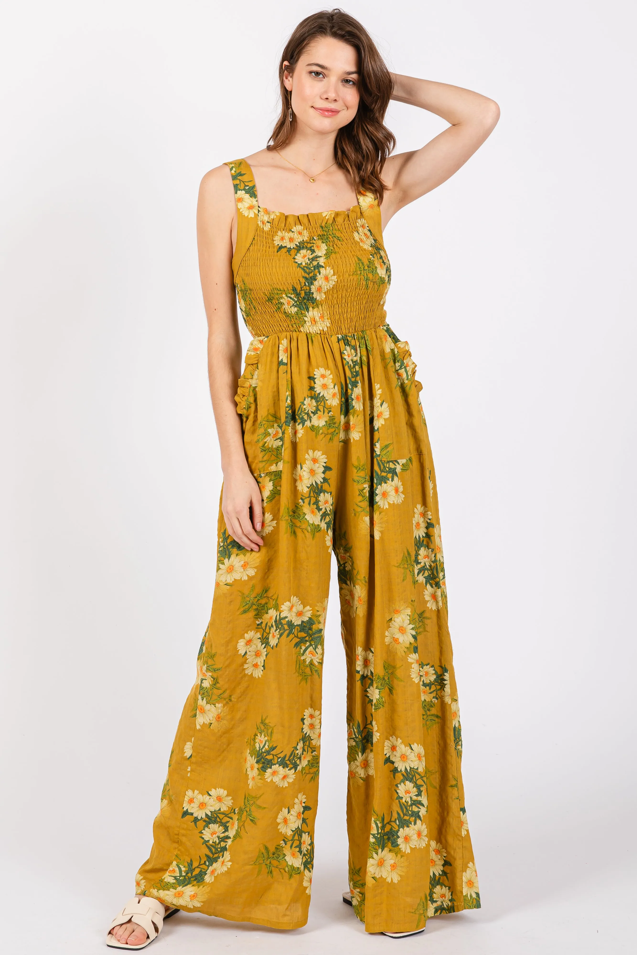Yellow Floral Smocked Maternity Jumpsuit sold by Pinkblush product image thumbnail 4